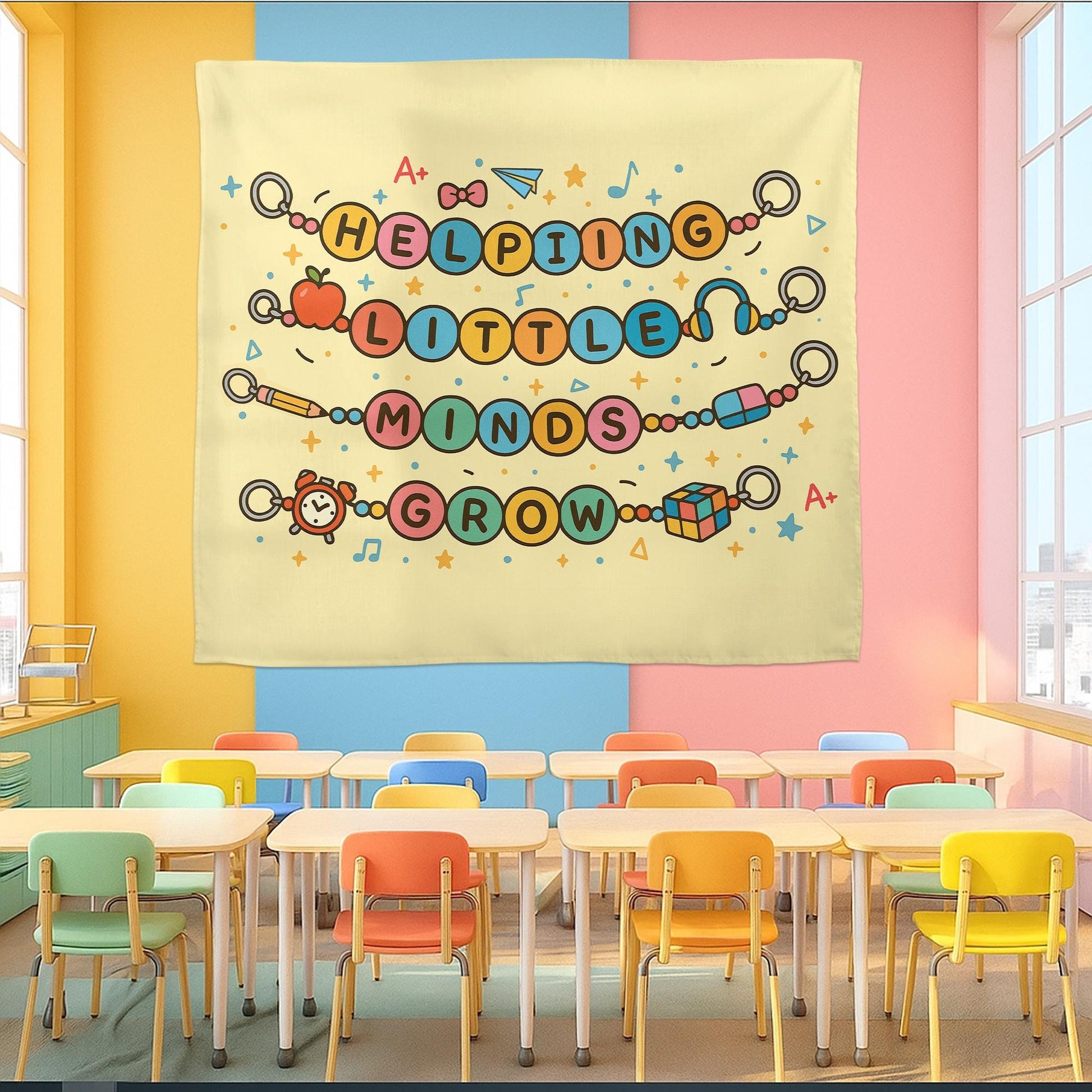 Helping Little Minds Grow Tapestry – Cute Teacher Classroom Wall Decor, Preschool Teacher Gift, Motivational School Banner