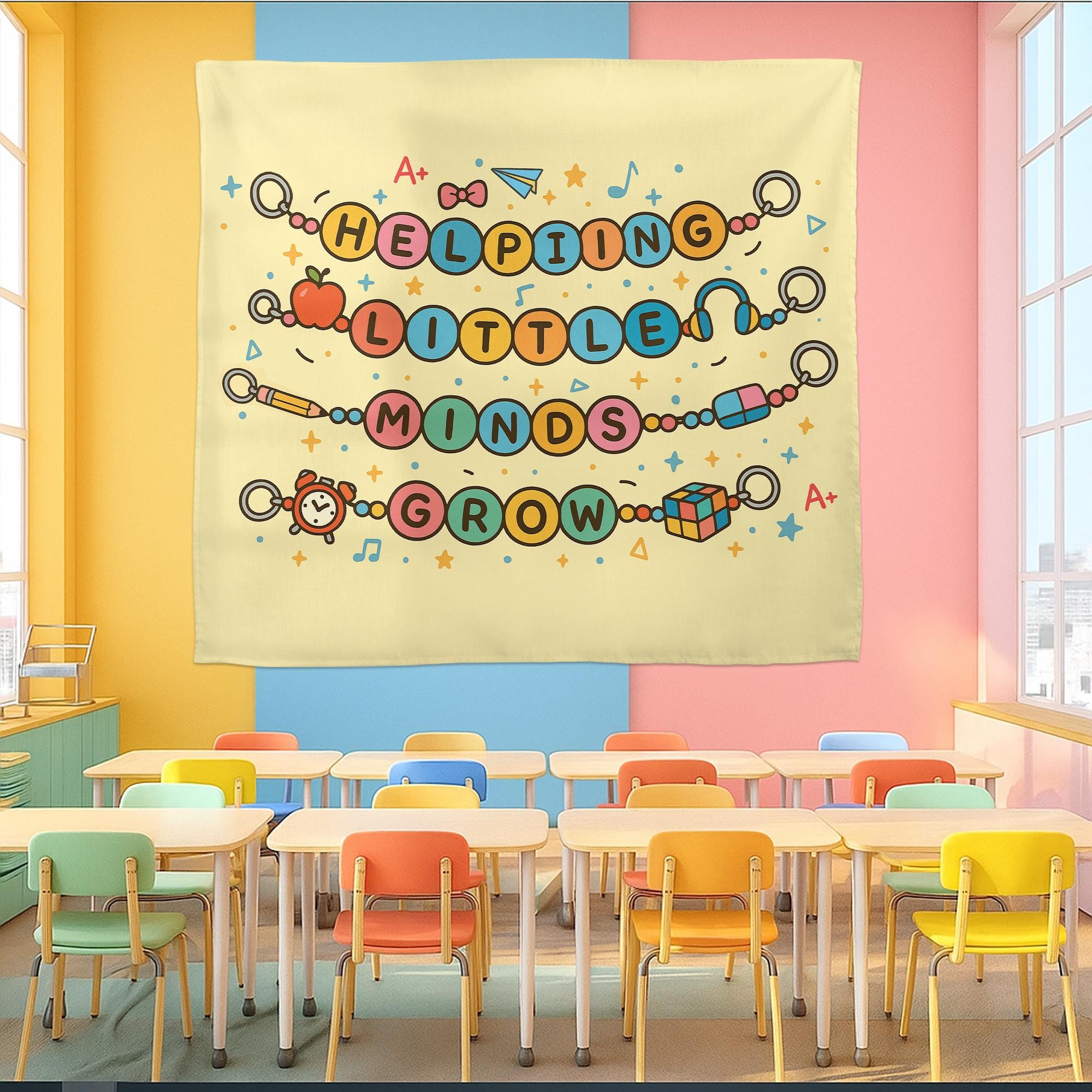 Helping Little Minds Grow Tapestry – Cute Teacher Classroom Wall Decor, Preschool Teacher Gift, Motivational School Banner