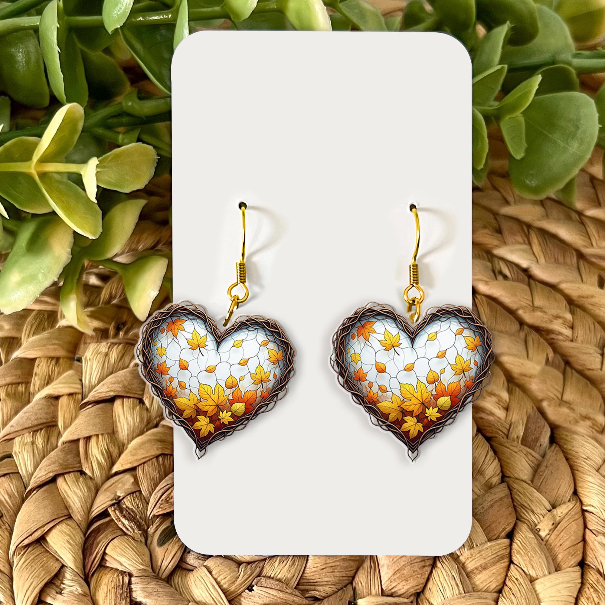Autumn Heart Leaf Earrings – Fall Stained Glass Style Dangle Earrings, Rustic Maple Leaf Jewelry, Autumn Gift for Her, Thanksgiving Style