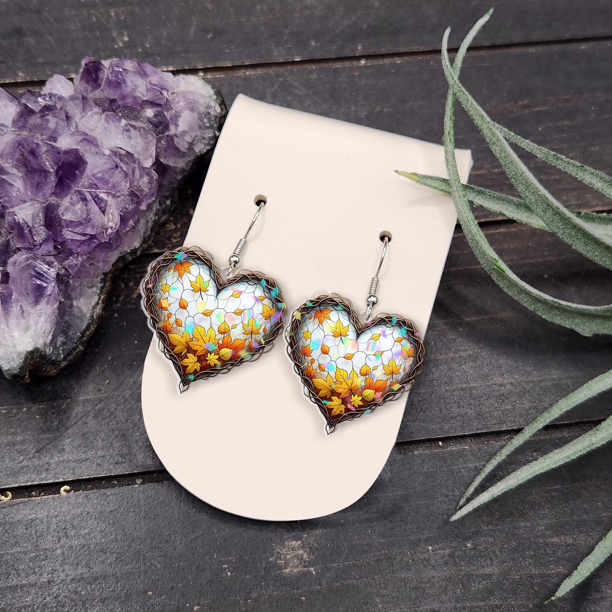 Autumn Heart Leaf Earrings – Fall Stained Glass Style Dangle Earrings, Rustic Maple Leaf Jewelry, Autumn Gift for Her, Thanksgiving Style