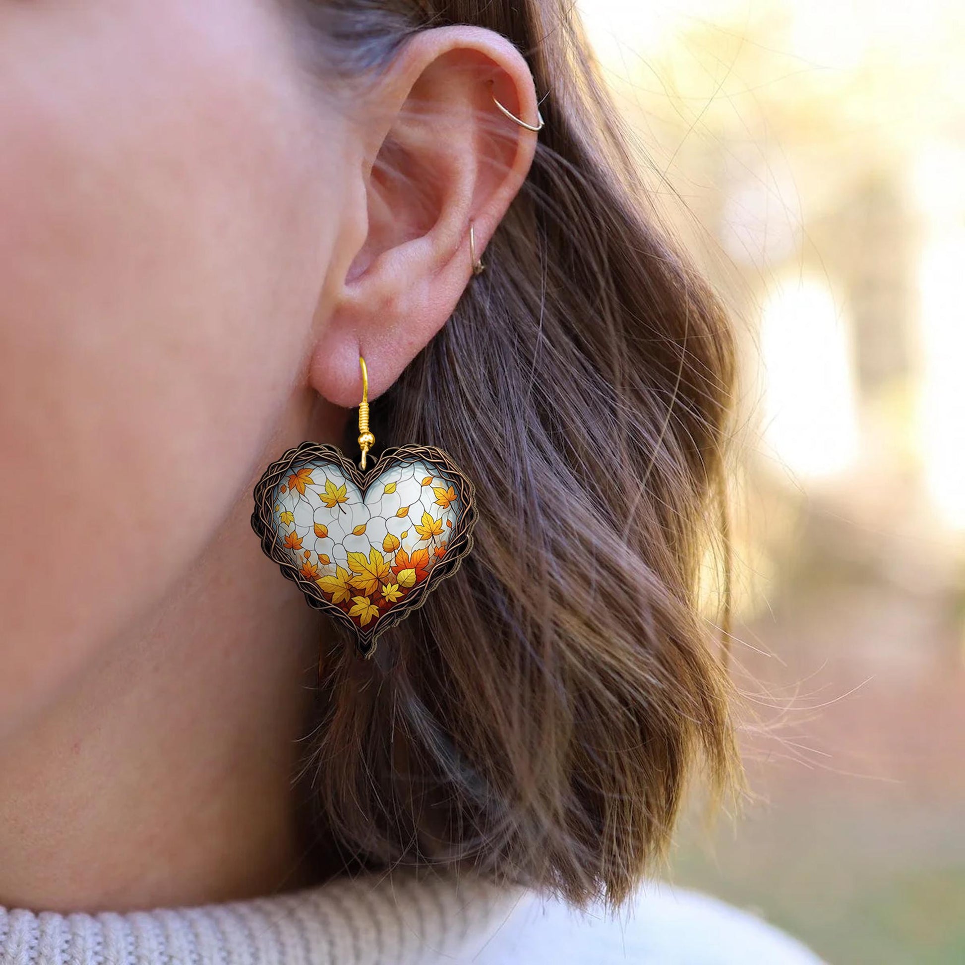Autumn Heart Leaf Earrings – Fall Stained Glass Style Dangle Earrings, Rustic Maple Leaf Jewelry, Autumn Gift for Her, Thanksgiving Style