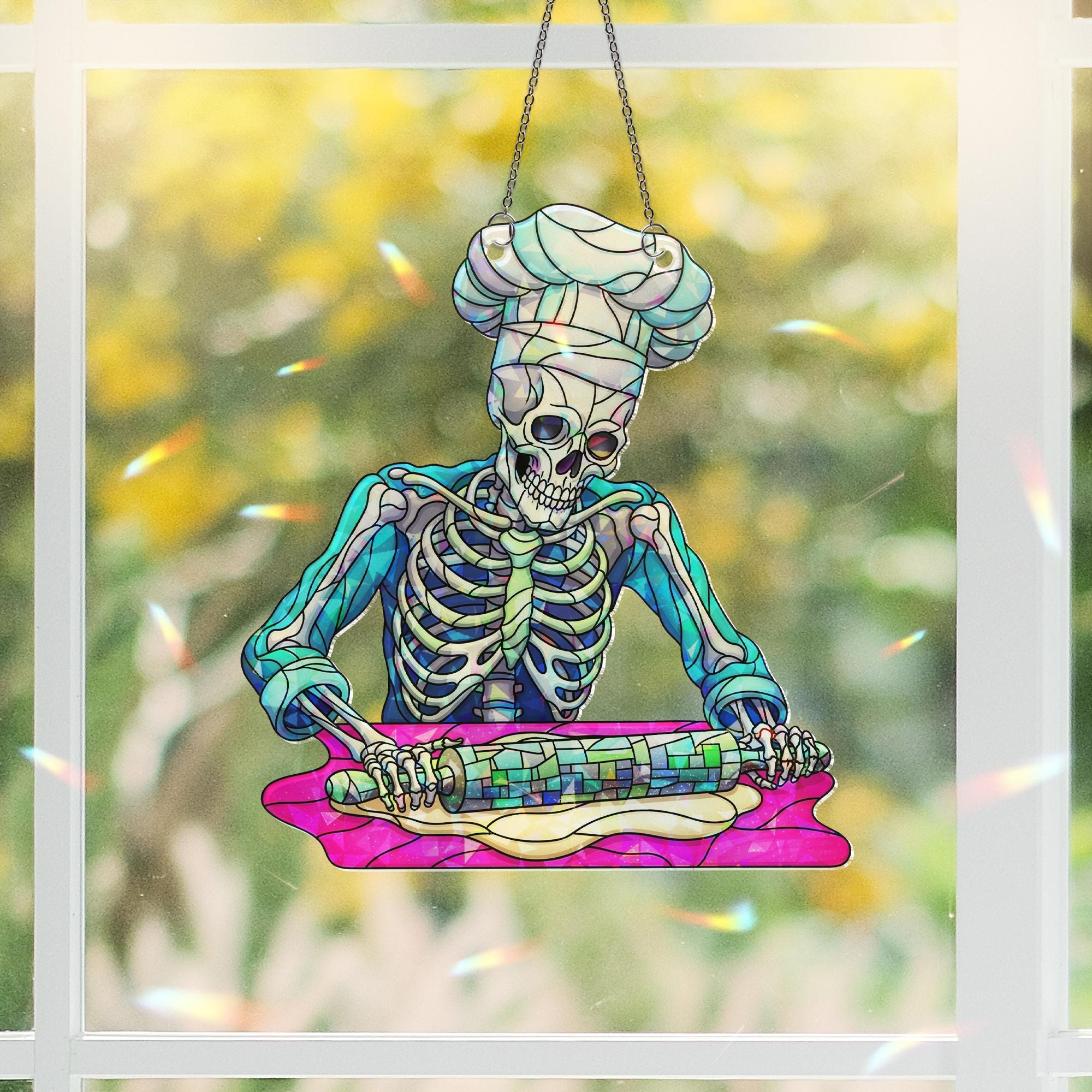 Skeleton Chef Window Hanging – Holographic Stained Glass Kitchen Decor, Spooky Baker Suncatcher, Funny Halloween Cooking Gift