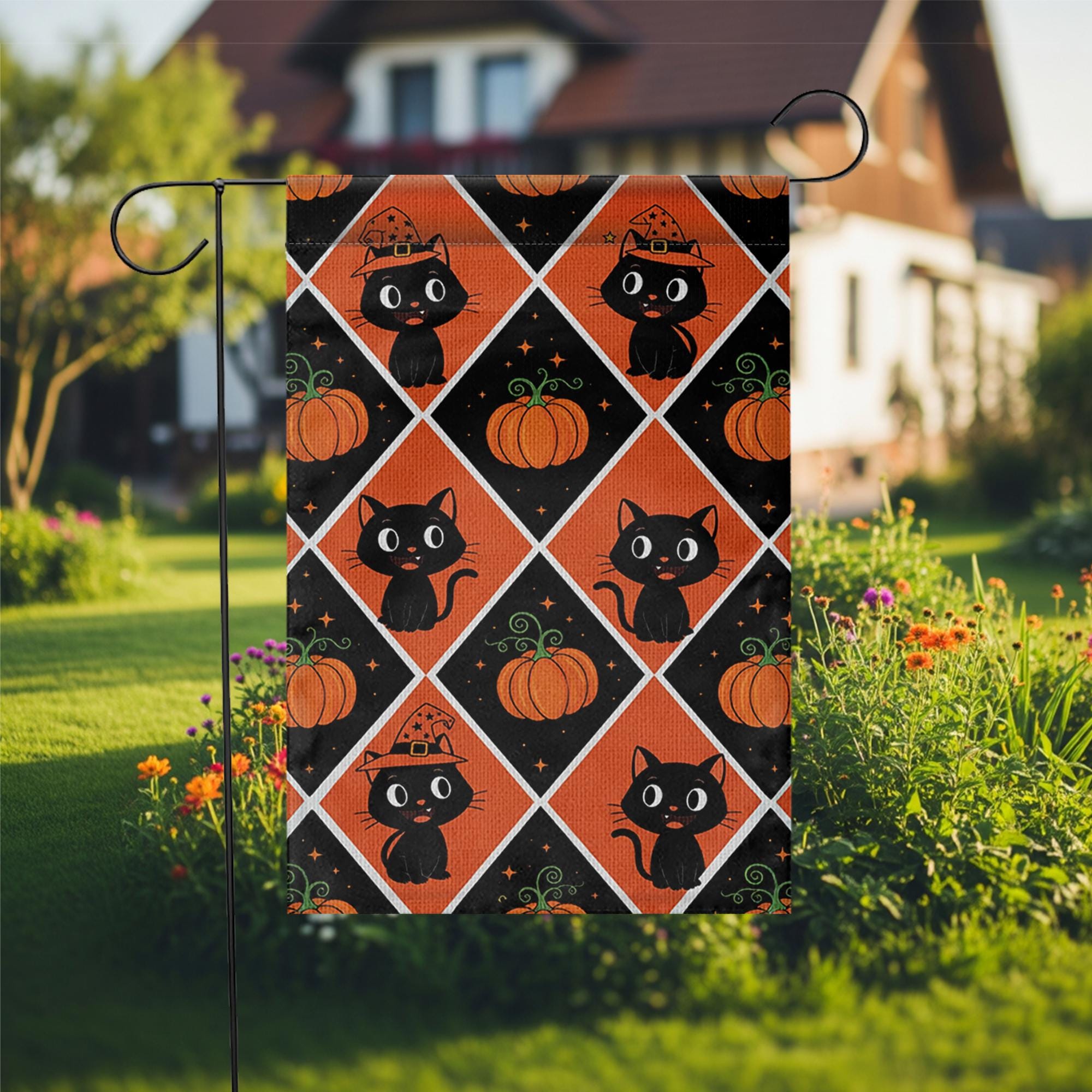 Black Cat Pumpkin Halloween Garden Flag – Cute Fall Outdoor Yard Decor, Witch Cat and Pumpkin Pattern Flag for Porch or Lawn Display