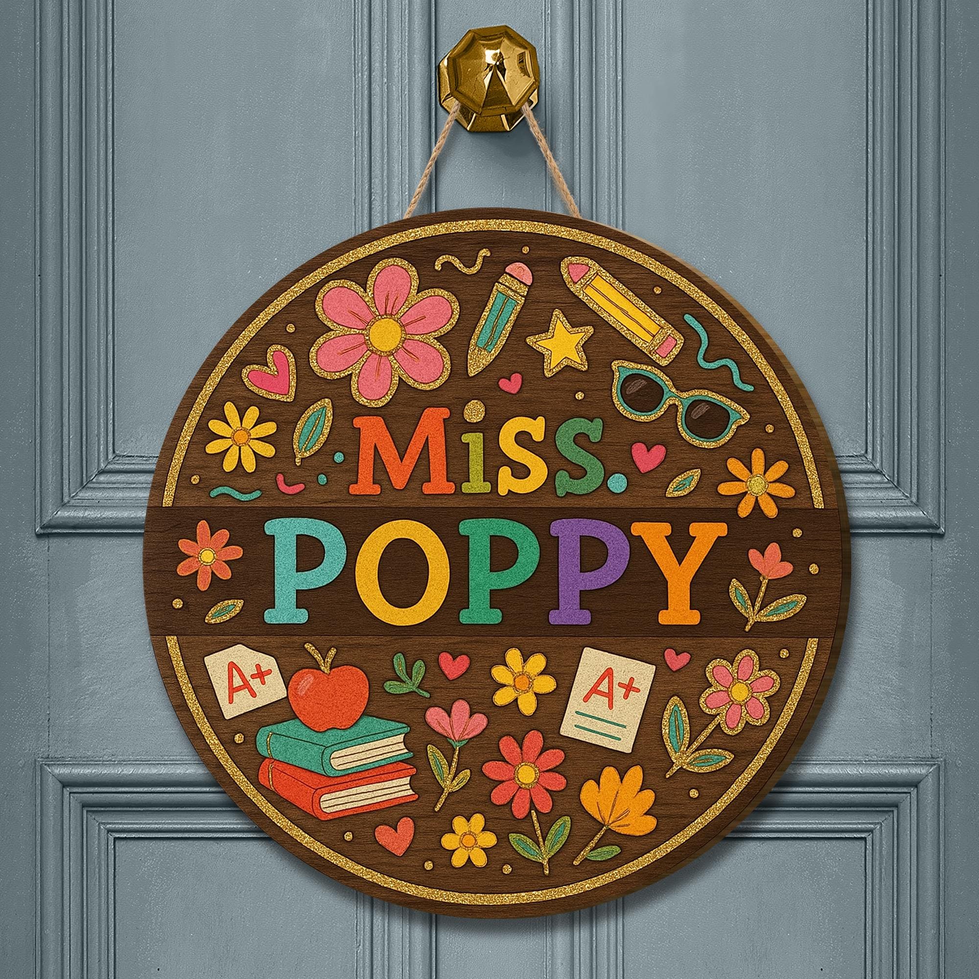 Personalized Teacher Faux Glitter Door Sign, Colorful Floral Classroom Wood Decor, Custom Name Plaque, Back to School Teacher Gift