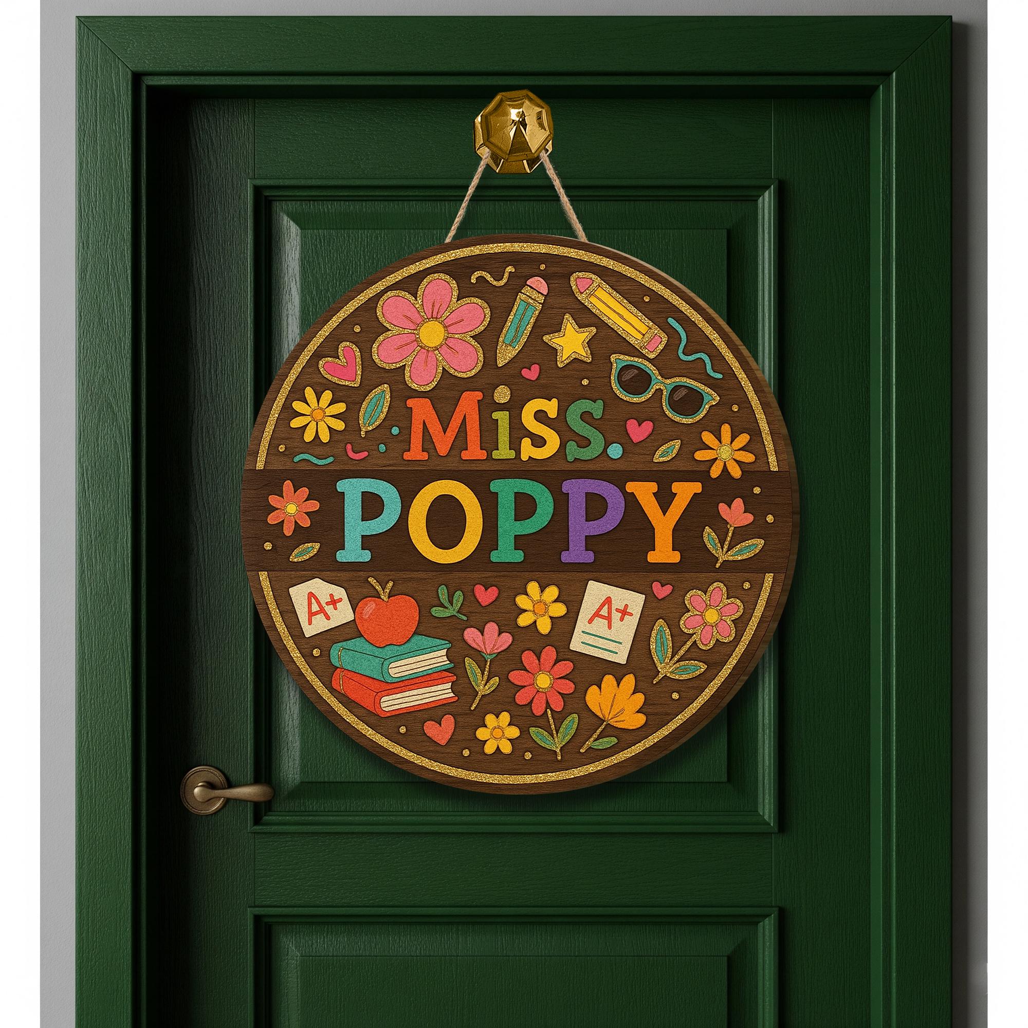 Personalized Teacher Faux Glitter Door Sign, Colorful Floral Classroom Wood Decor, Custom Name Plaque, Back to School Teacher Gift