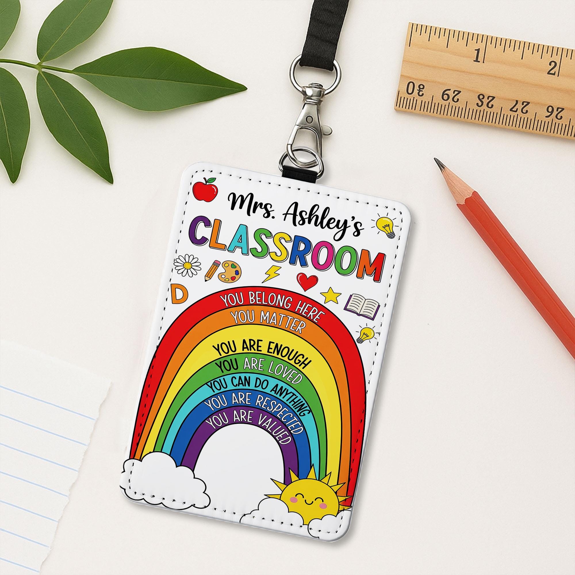 Personalized Rainbow Classroom Badge Reel – Teacher ID Holder with Positive Affirmations – Back to School Gift for Educators, Teachers
