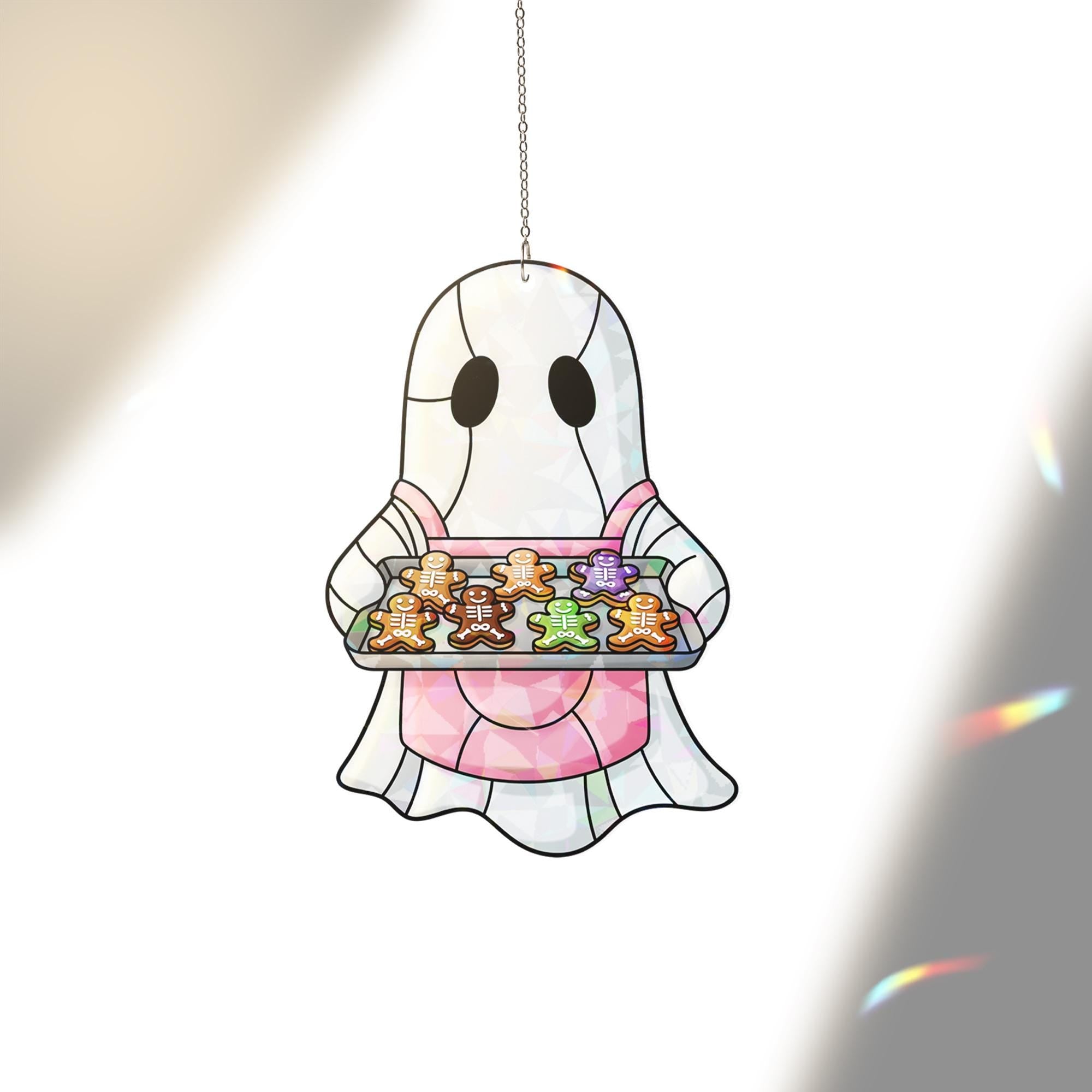 Ghost Baker Suncatcher – Holographic Window Hanging with Halloween Cookies, Cute Fall Ghost Kitchen Decor, Spooky Holiday Window Art