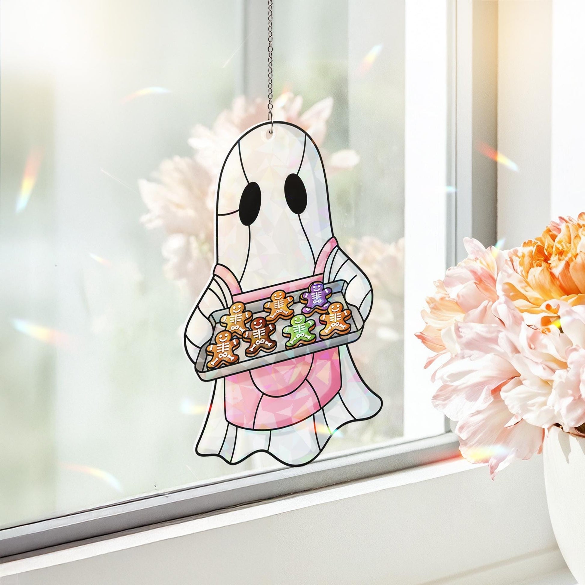 Ghost Baker Suncatcher – Holographic Window Hanging with Halloween Cookies, Cute Fall Ghost Kitchen Decor, Spooky Holiday Window Art