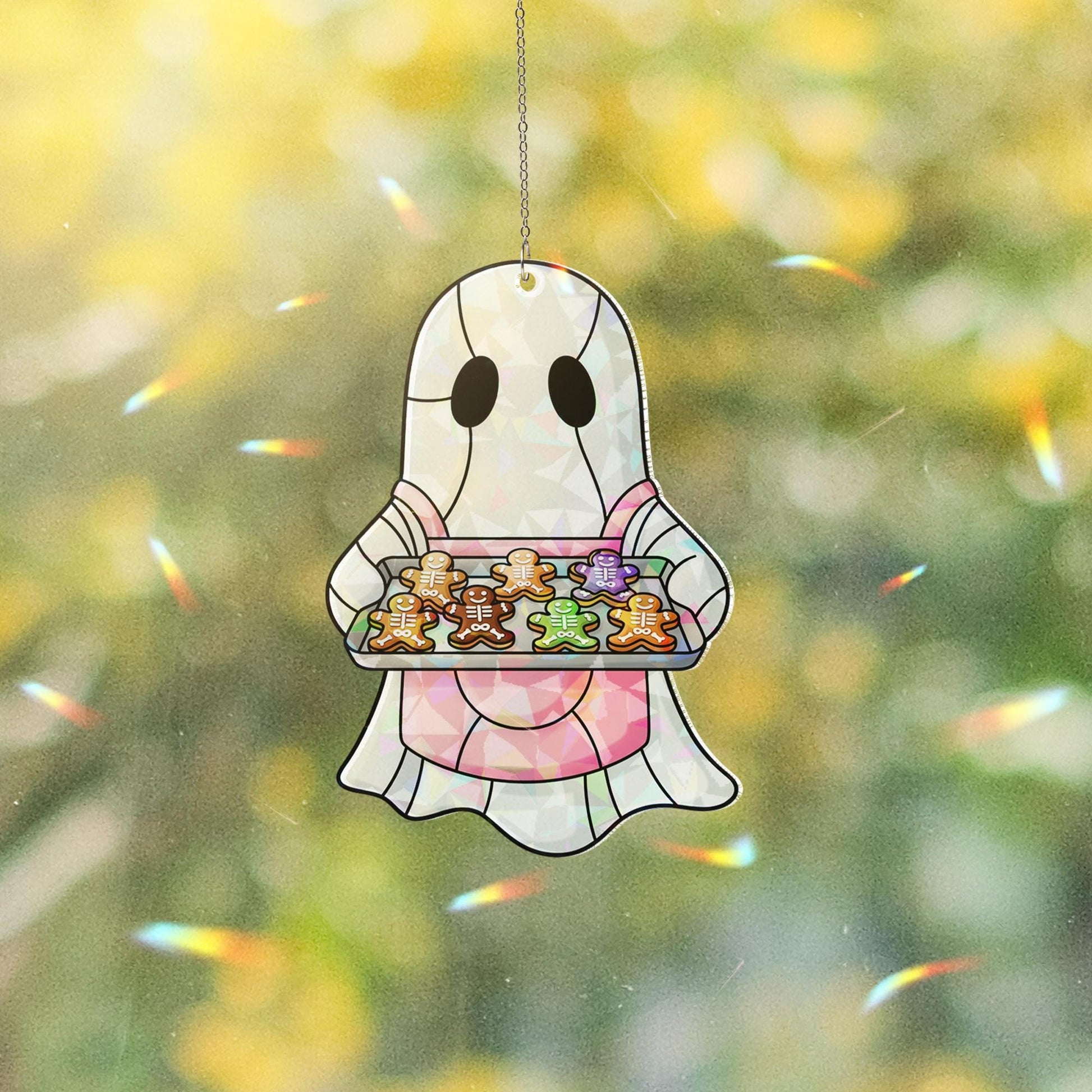 Ghost Baker Suncatcher – Holographic Window Hanging with Halloween Cookies, Cute Fall Ghost Kitchen Decor, Spooky Holiday Window Art