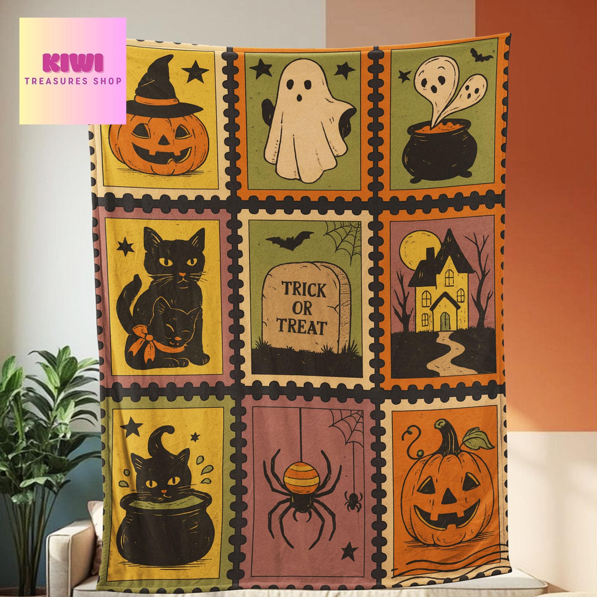 Retro Halloween Fleece Blanket - Spooky Ghost Cat Pumpkin Decor - Trick or Treat Cozy Throw - Cute Goth Fall Blanket Gift