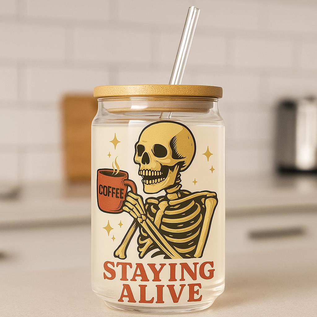 Staying Alive Skeleton Sipper Glass – Funny Halloween Iced Coffee Cup – Retro Goth Sipper – Gift for Coffee Lovers – Spooky Glass Tumbler