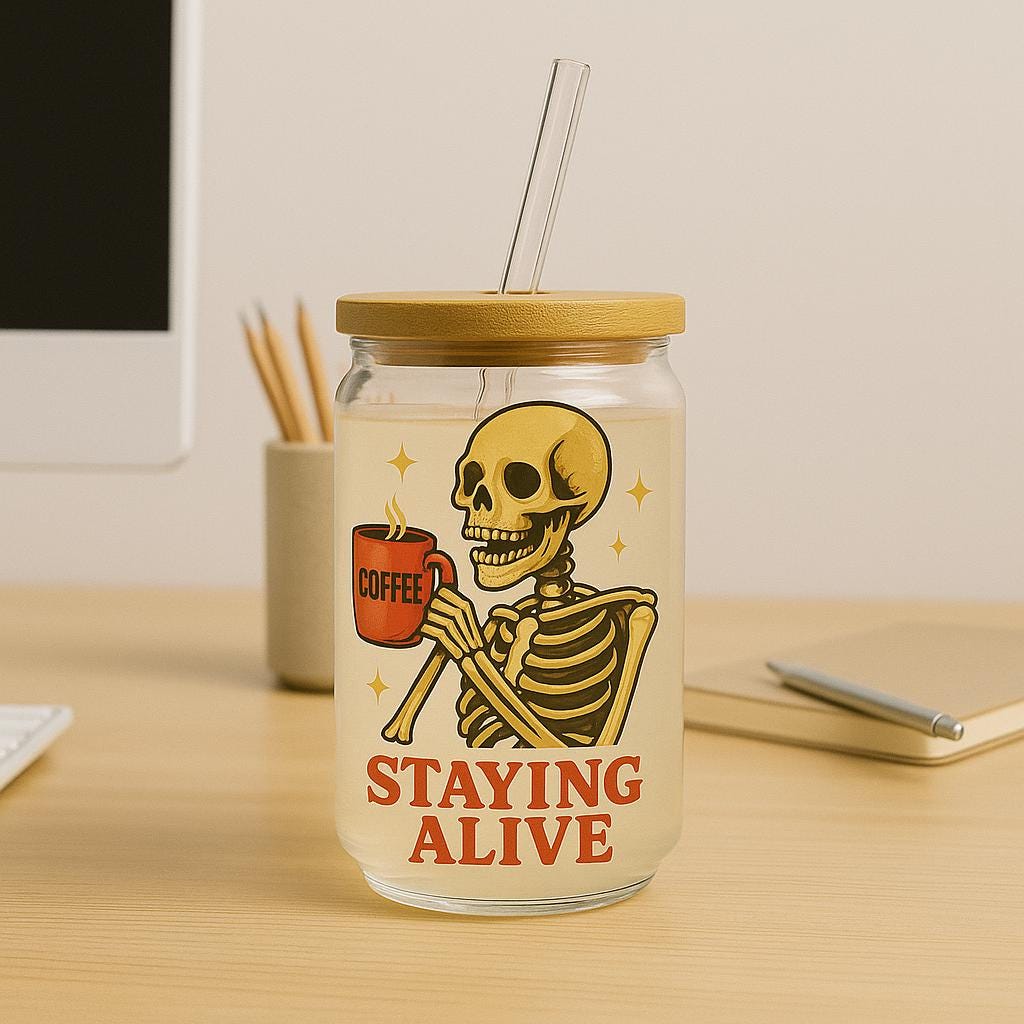 Staying Alive Skeleton Sipper Glass – Funny Halloween Iced Coffee Cup – Retro Goth Sipper – Gift for Coffee Lovers – Spooky Glass Tumbler