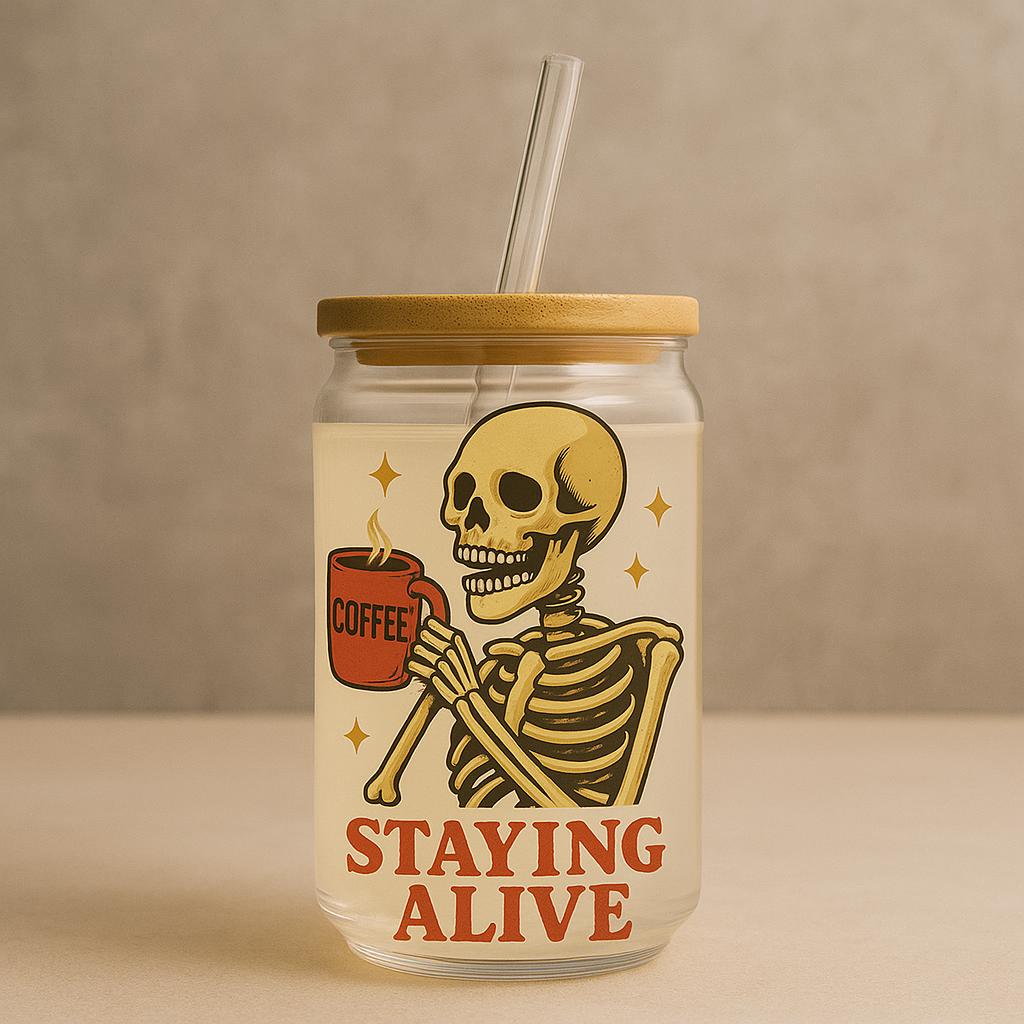 Staying Alive Skeleton Sipper Glass – Funny Halloween Iced Coffee Cup – Retro Goth Sipper – Gift for Coffee Lovers – Spooky Glass Tumbler