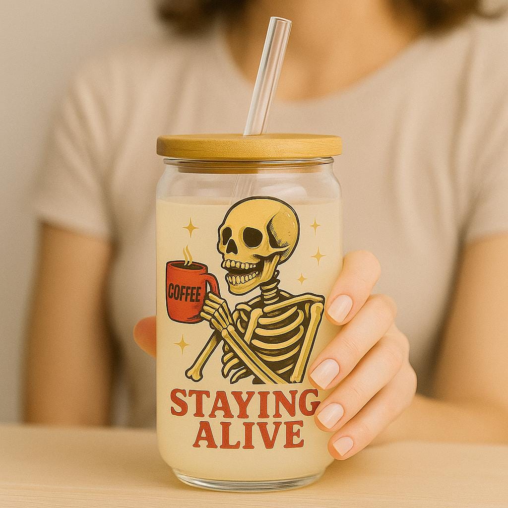 Staying Alive Skeleton Sipper Glass – Funny Halloween Iced Coffee Cup – Retro Goth Sipper – Gift for Coffee Lovers – Spooky Glass Tumbler