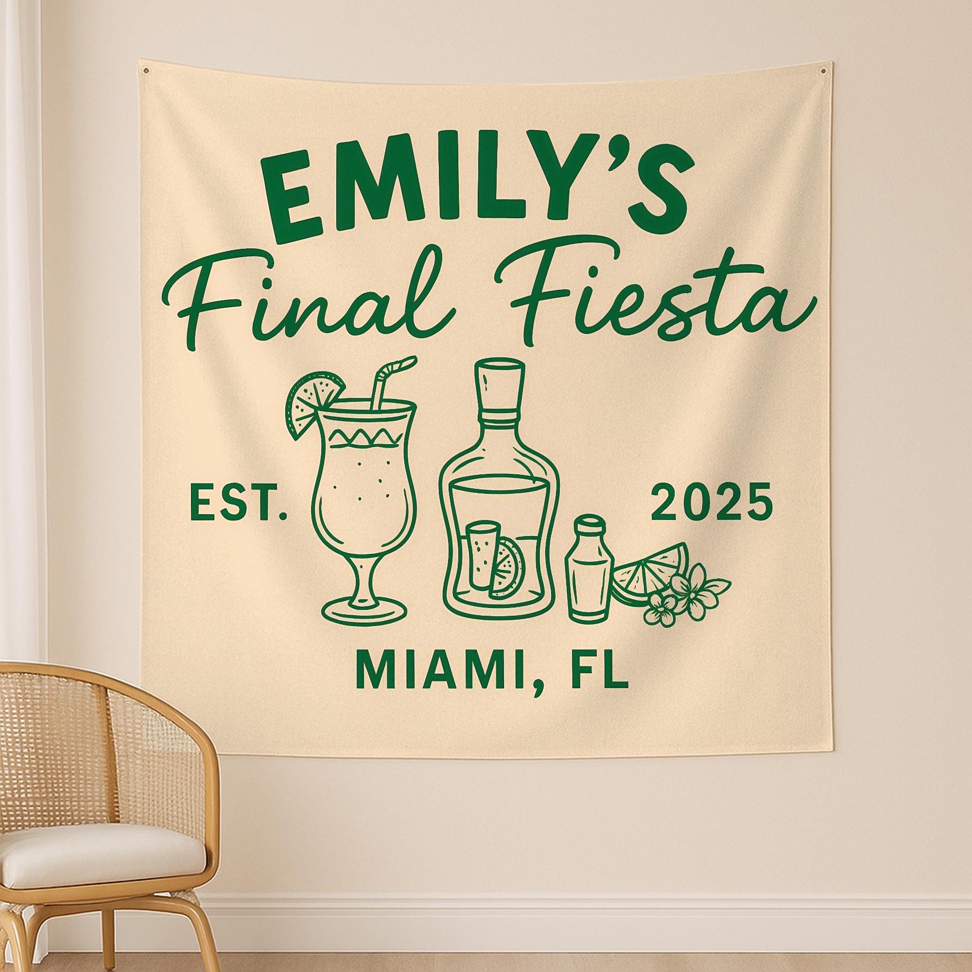 Final Fiesta Bachelorette Tapestry – Custom Name & Location Decor – Personalized Fiesta Banner – Bride's Last Bash Party Backdrop