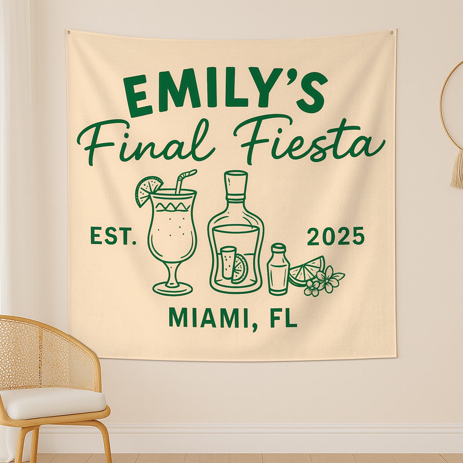 Final Fiesta Bachelorette Tapestry – Custom Name & Location Decor – Personalized Fiesta Banner – Bride's Last Bash Party Backdrop