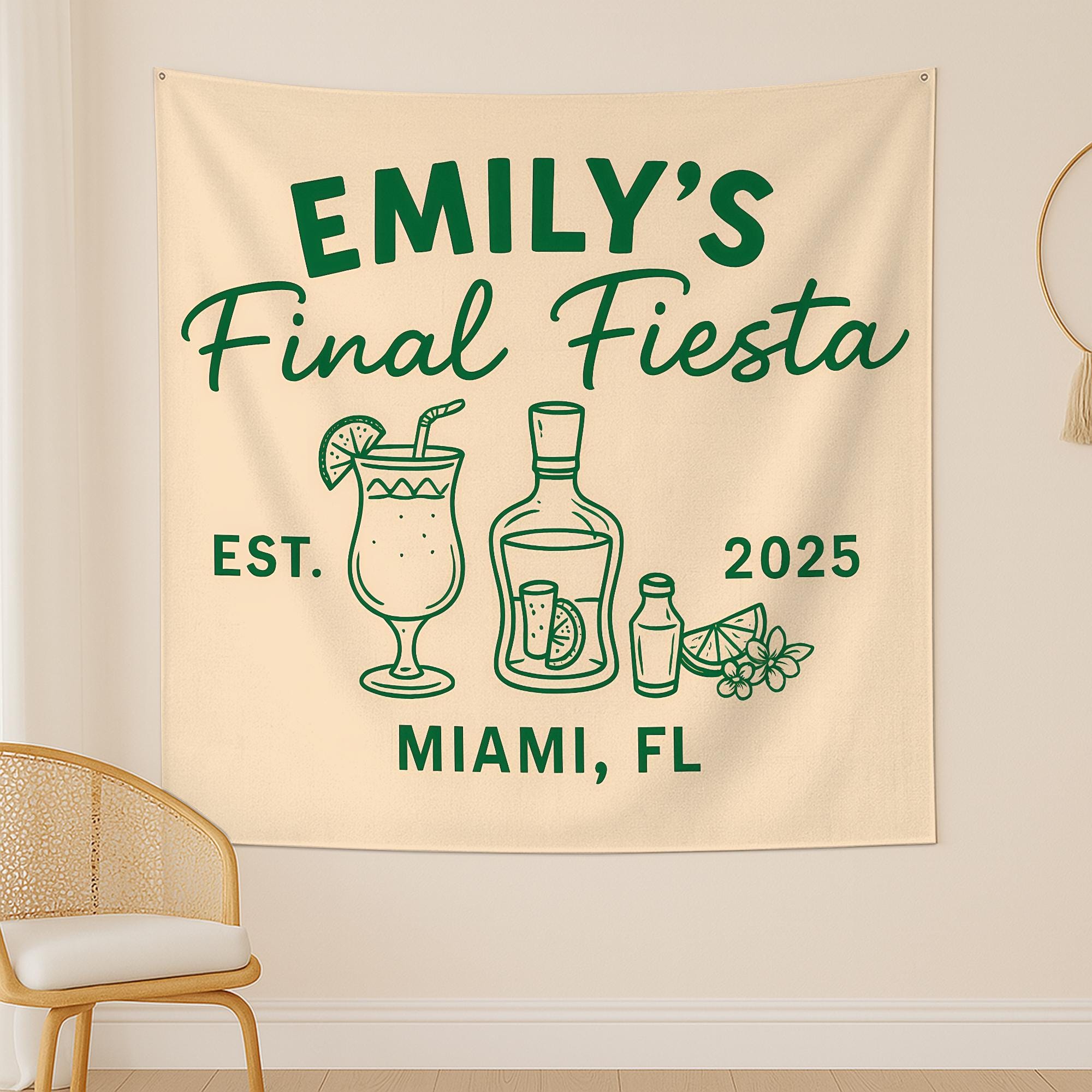 Final Fiesta Bachelorette Tapestry – Custom Name & Location Decor – Personalized Fiesta Banner – Bride's Last Bash Party Backdrop