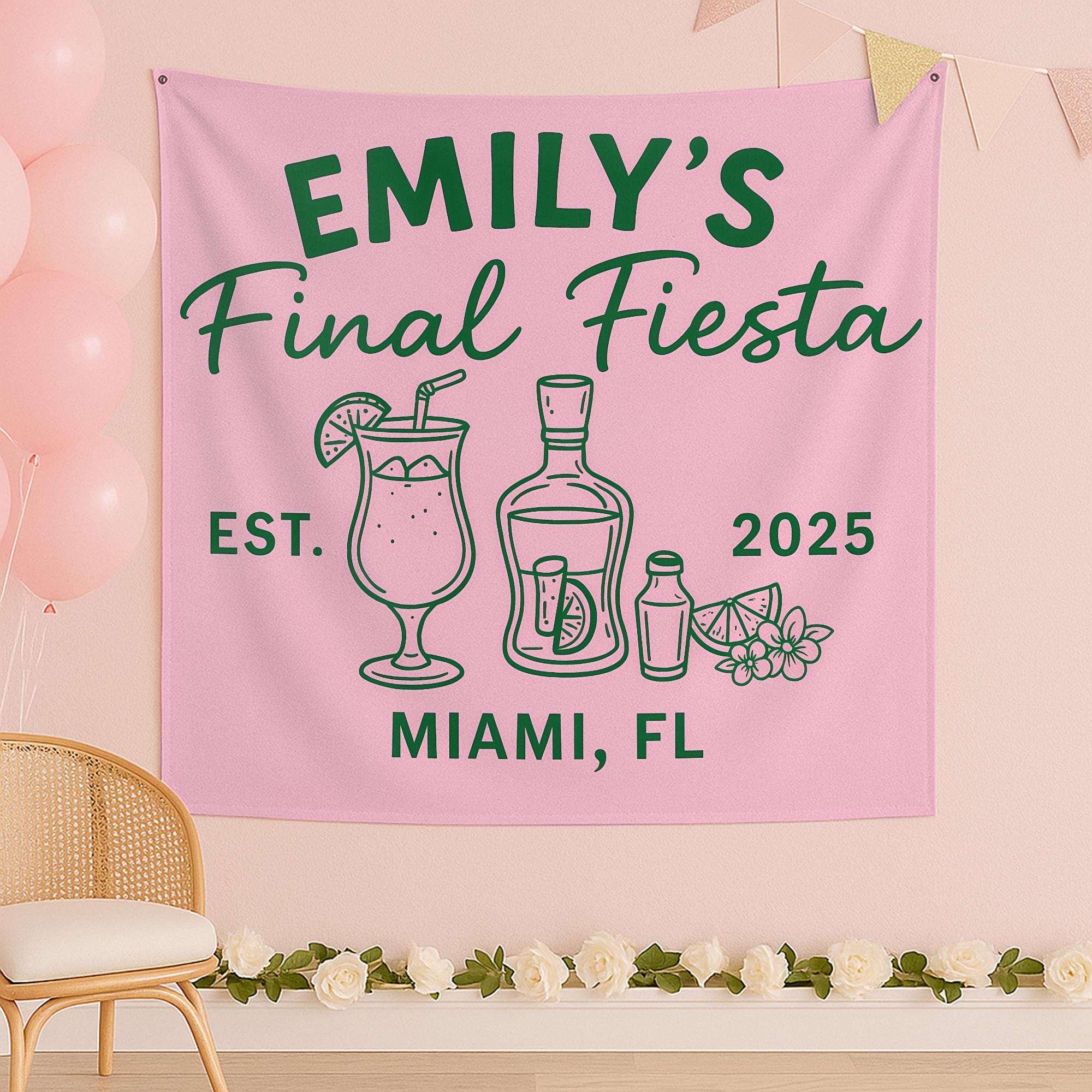 Final Fiesta Bachelorette Tapestry – Custom Name & Location Decor – Personalized Fiesta Banner – Bride's Last Bash Party Backdrop