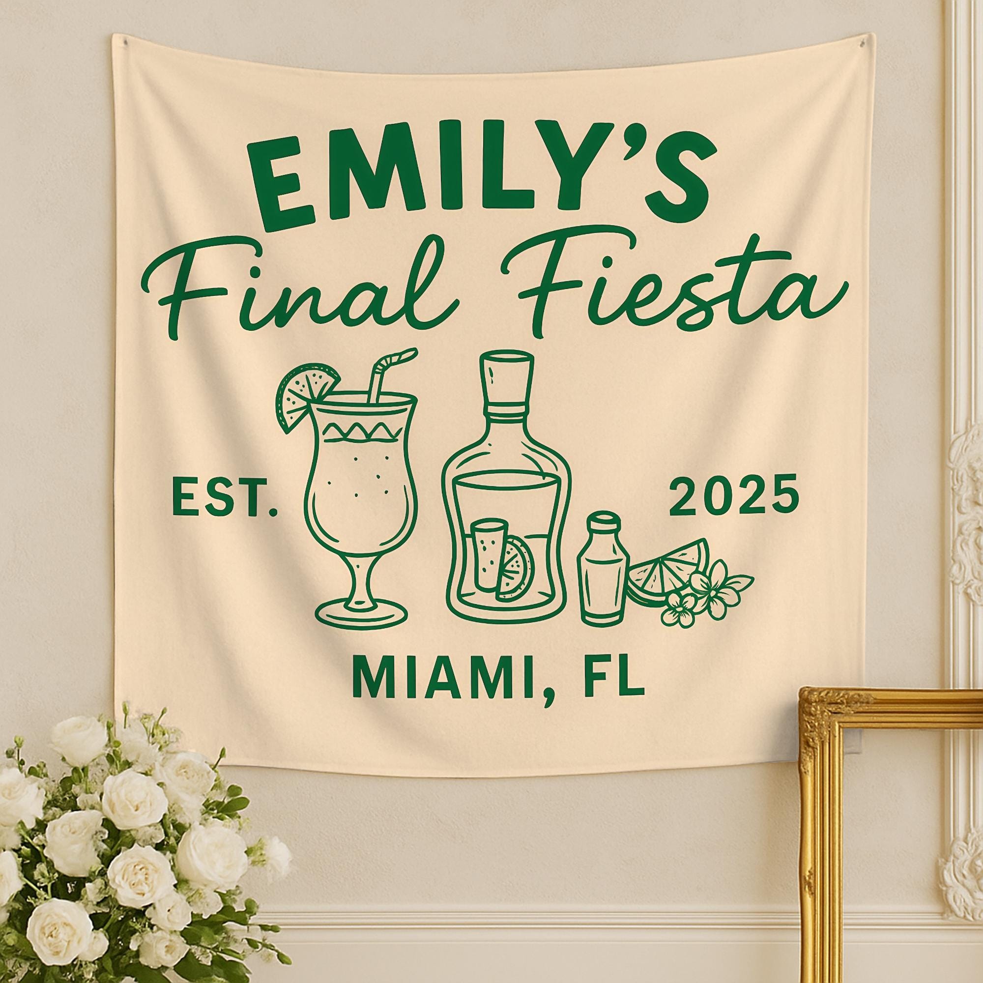 Final Fiesta Bachelorette Tapestry – Custom Name & Location Decor – Personalized Fiesta Banner – Bride's Last Bash Party Backdrop