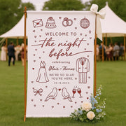 Custom Wedding Welcome Sign – The Night Before Party Banner – Personalized Rehearsal Dinner Decor – Pre-Wedding Sign with Names & Date