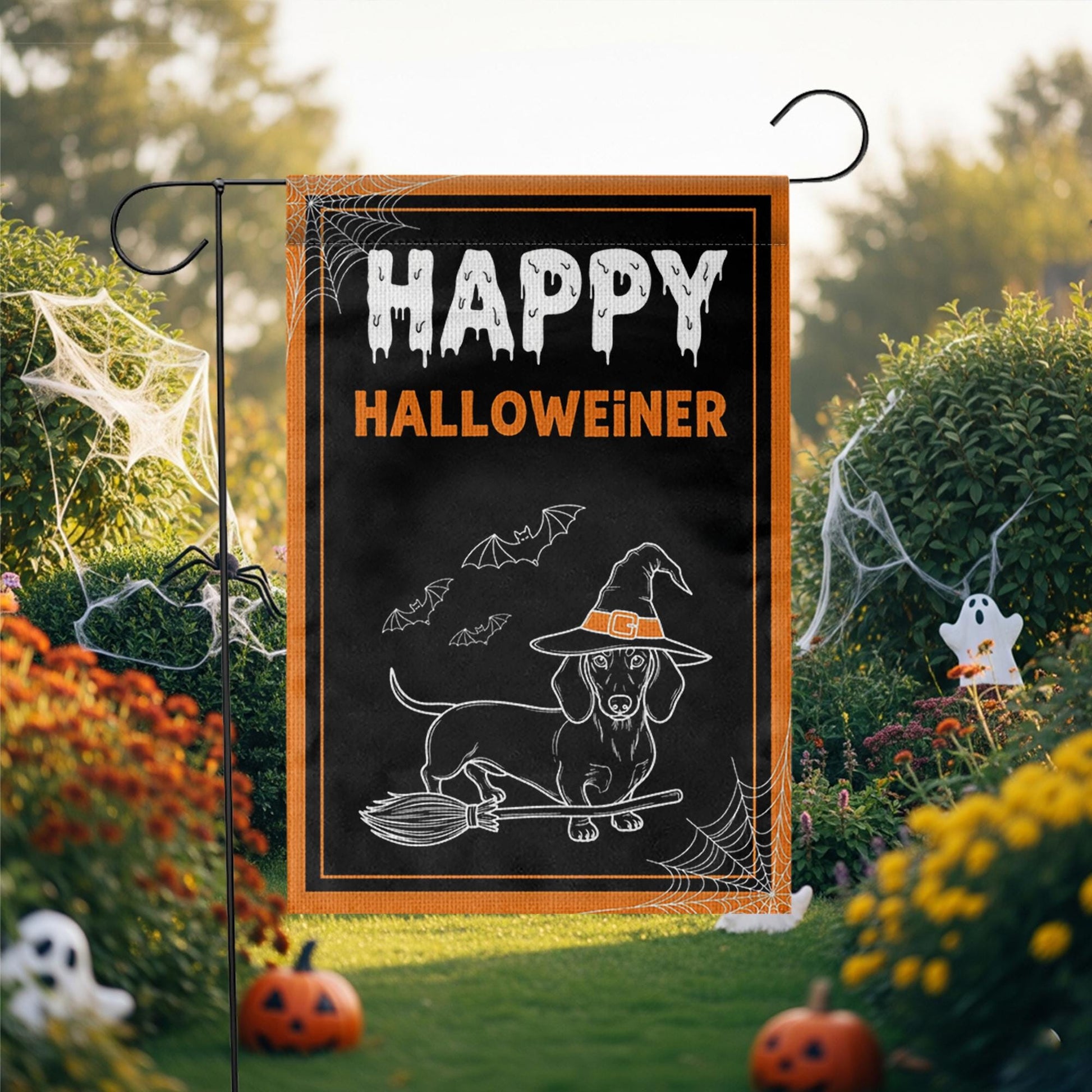 Happy Halloweiner Garden Flag – Funny Halloween Dachshund Decor, Witch Dog Broom Design, Fall Outdoor Yard Decoration, Dachshund Lover Gift