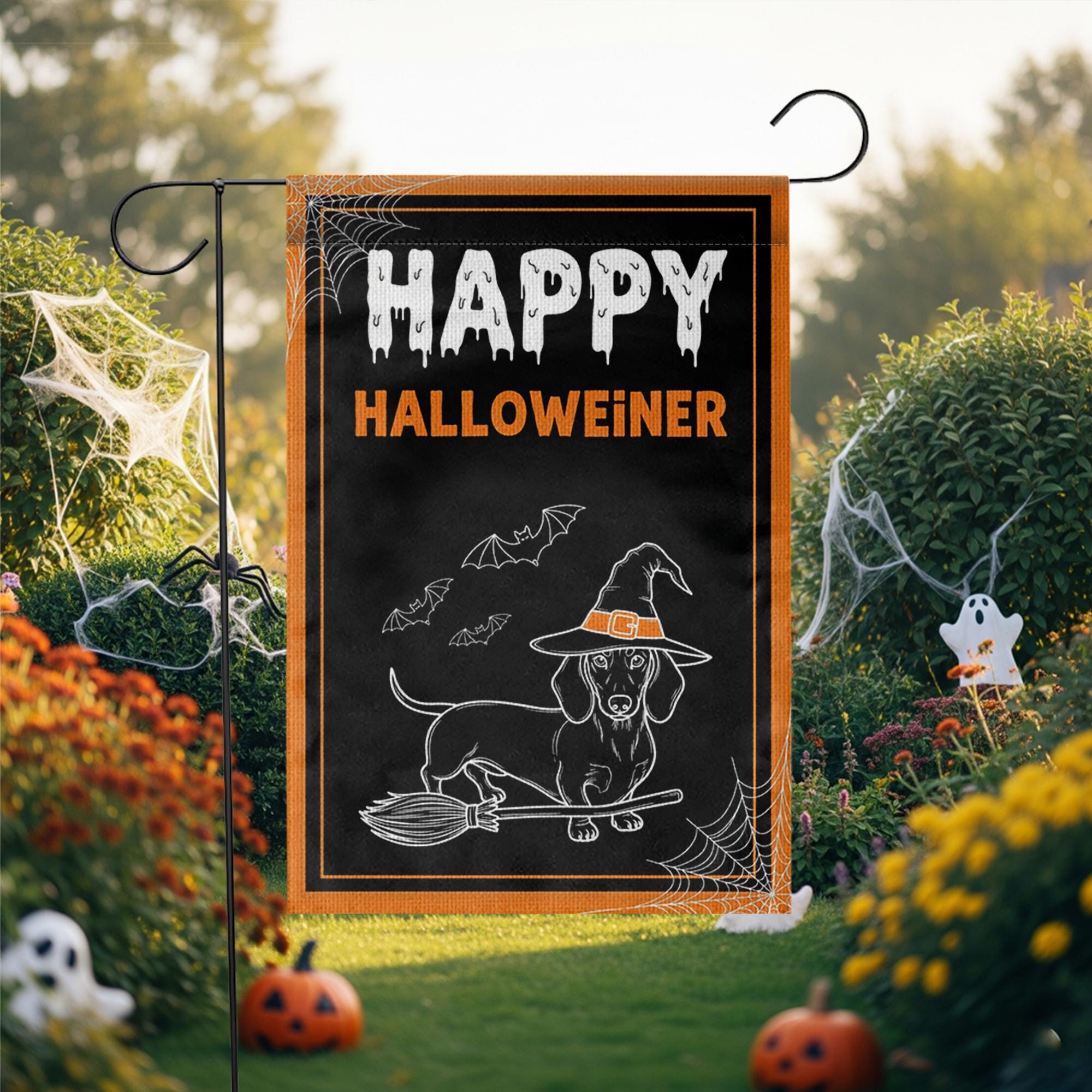 Happy Halloweiner Garden Flag – Funny Halloween Dachshund Decor, Witch Dog Broom Design, Fall Outdoor Yard Decoration, Dachshund Lover Gift