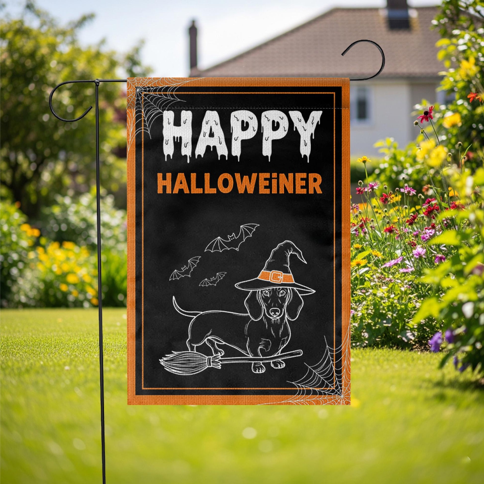 Happy Halloweiner Garden Flag – Funny Halloween Dachshund Decor, Witch Dog Broom Design, Fall Outdoor Yard Decoration, Dachshund Lover Gift