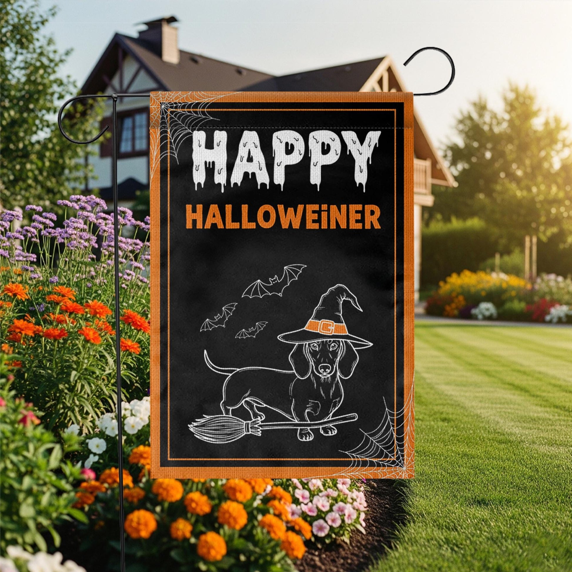Happy Halloweiner Garden Flag – Funny Halloween Dachshund Decor, Witch Dog Broom Design, Fall Outdoor Yard Decoration, Dachshund Lover Gift