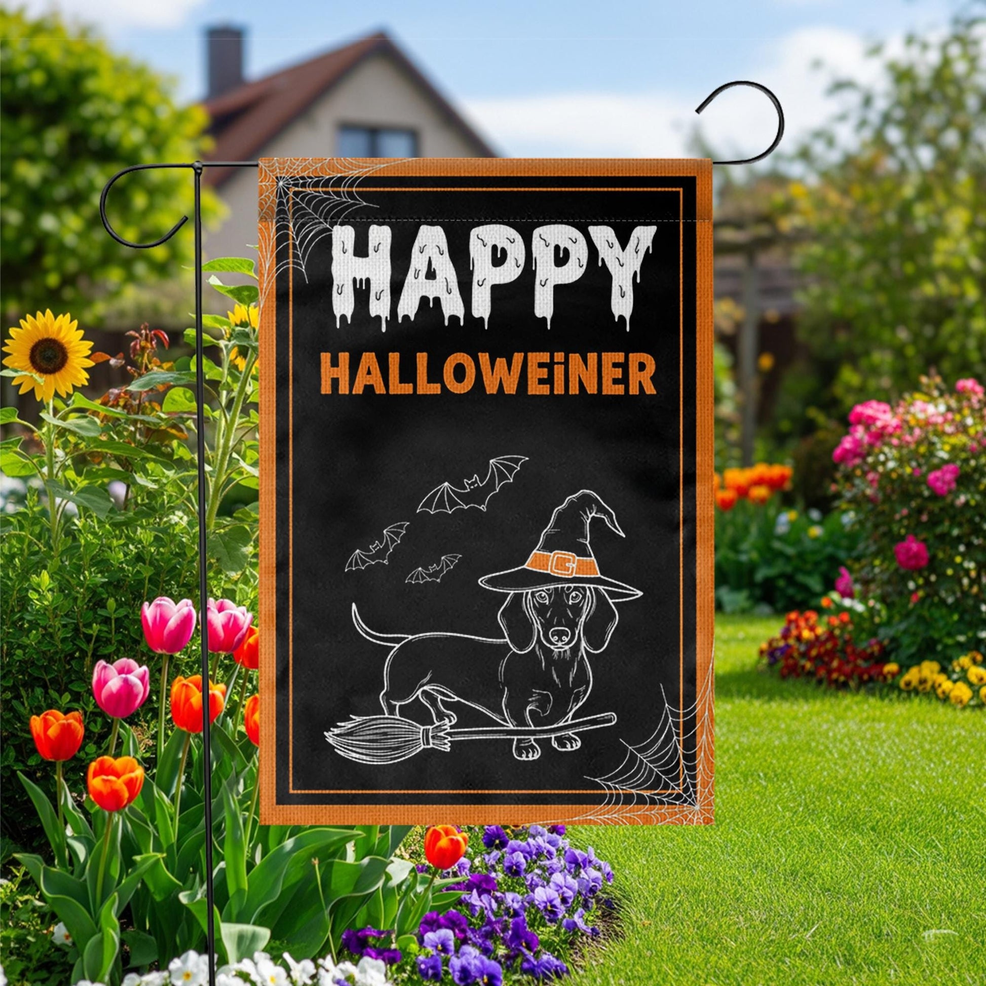 Happy Halloweiner Garden Flag – Funny Halloween Dachshund Decor, Witch Dog Broom Design, Fall Outdoor Yard Decoration, Dachshund Lover Gift