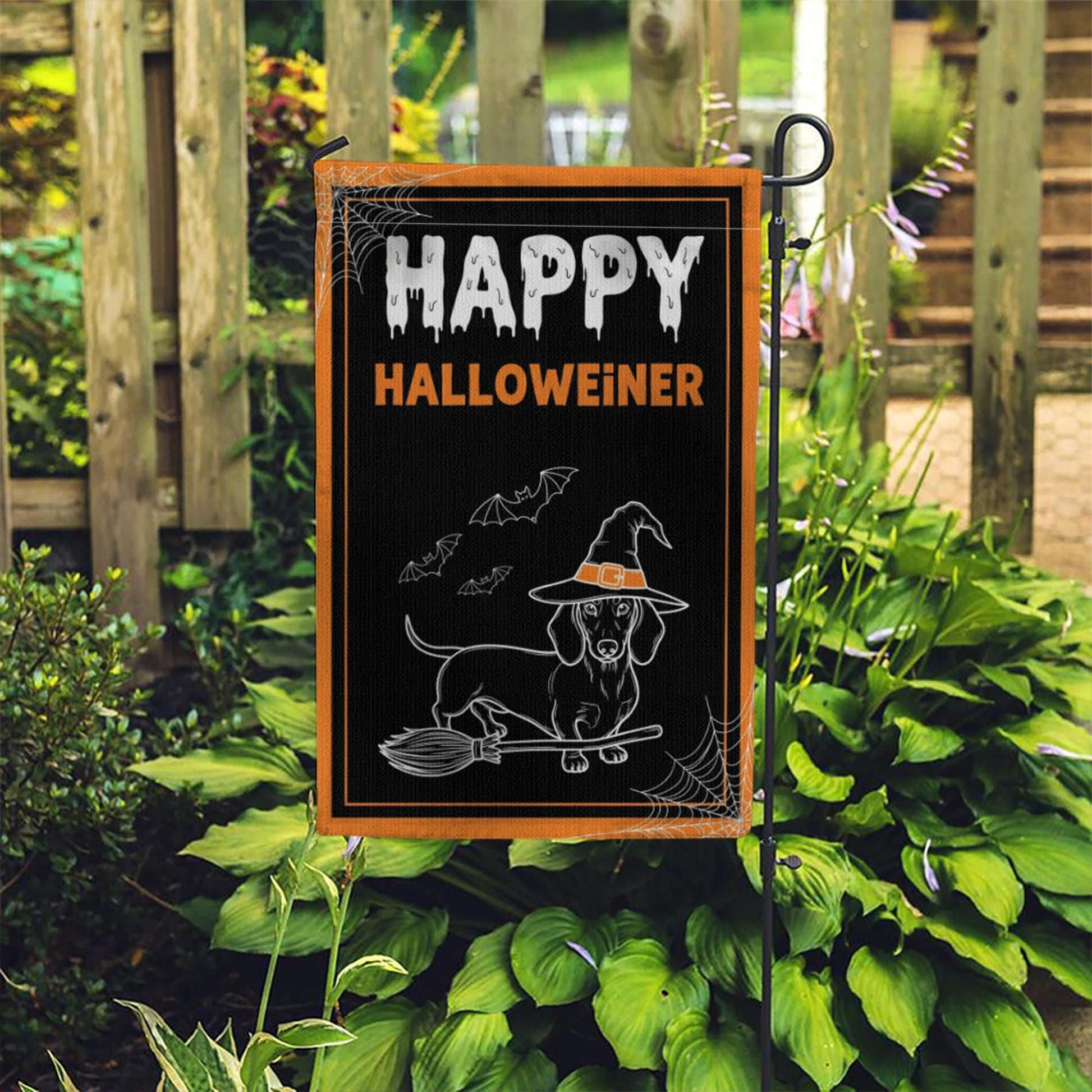Happy Halloweiner Garden Flag – Funny Halloween Dachshund Decor, Witch Dog Broom Design, Fall Outdoor Yard Decoration, Dachshund Lover Gift
