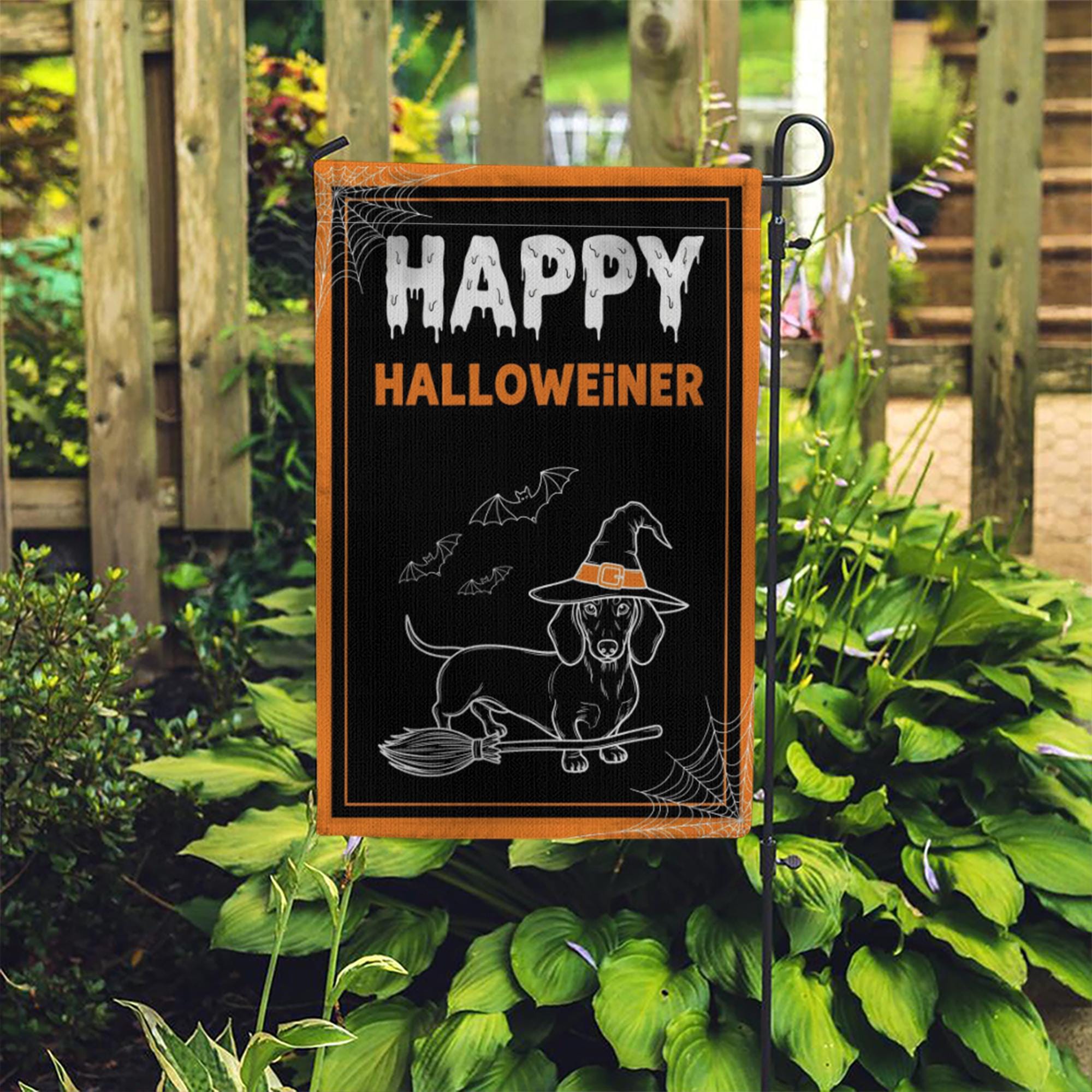 Happy Halloweiner Garden Flag – Funny Halloween Dachshund Decor, Witch Dog Broom Design, Fall Outdoor Yard Decoration, Dachshund Lover Gift