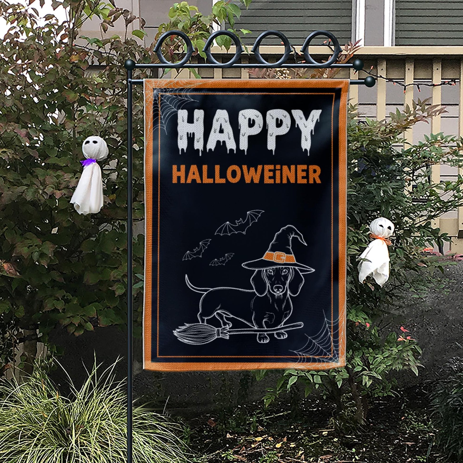 Happy Halloweiner Garden Flag – Funny Halloween Dachshund Decor, Witch Dog Broom Design, Fall Outdoor Yard Decoration, Dachshund Lover Gift