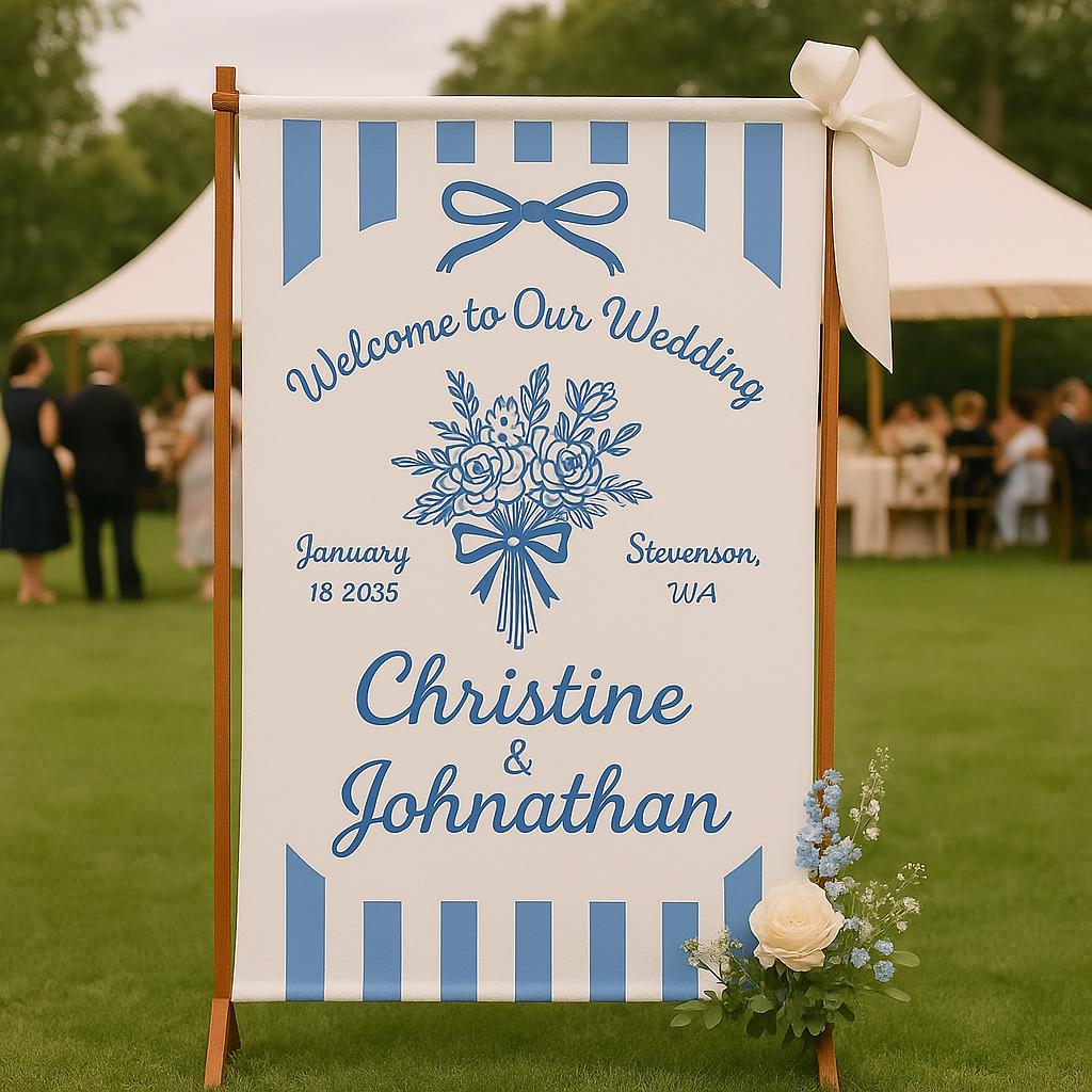 Custom Wedding Welcome Sign – Blue Floral Personalized Sign with Names, Date & Location – Elegant Reception Decor – Ceremony Entrance Banner