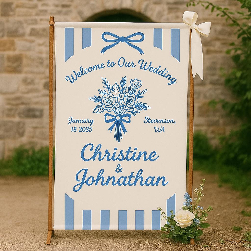 Custom Wedding Welcome Sign – Blue Floral Personalized Sign with Names, Date & Location – Elegant Reception Decor – Ceremony Entrance Banner