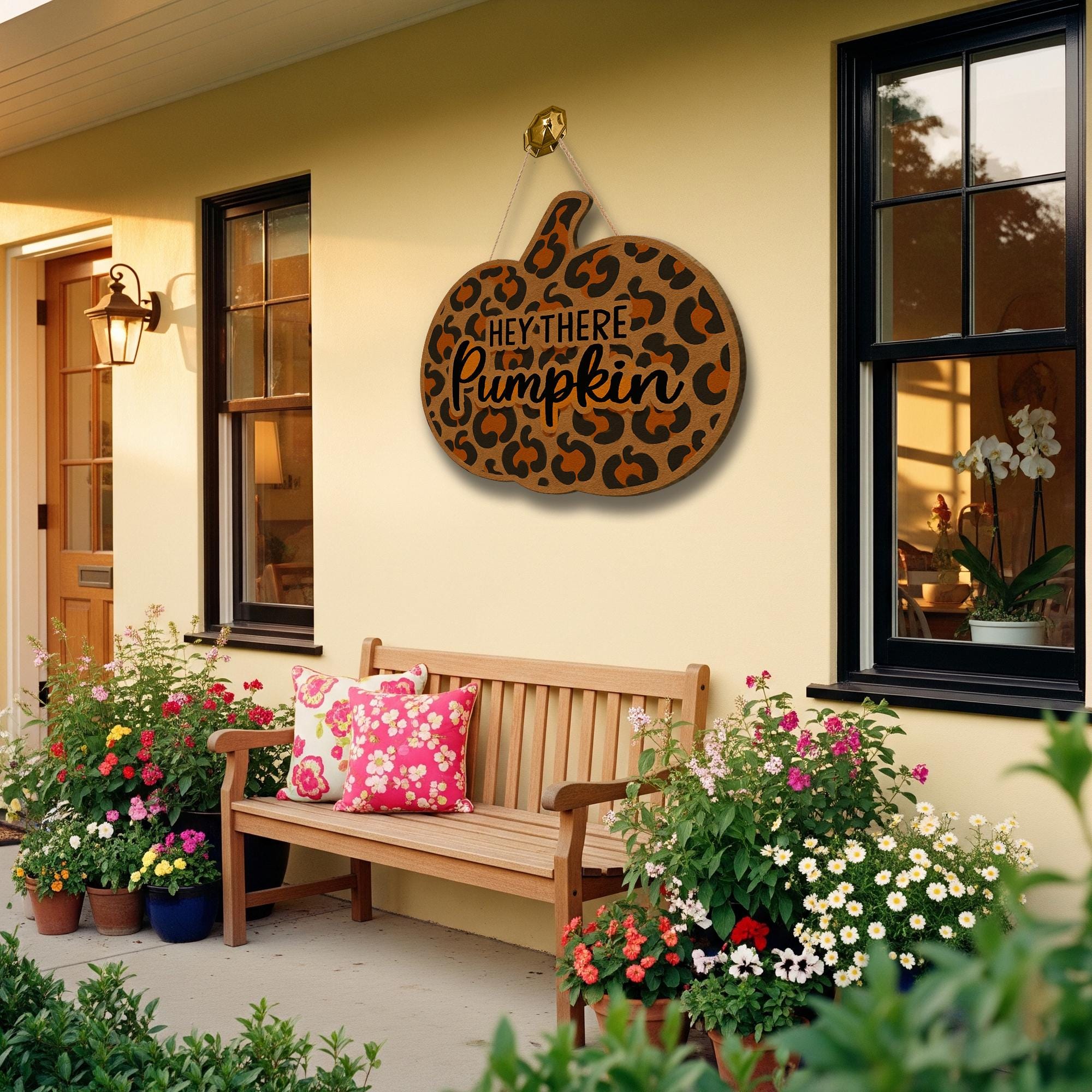 Hey There Pumpkin Door Sign – Leopard Print Fall Decor – Cute Autumn Pumpkin Sign – Rustic Farmhouse Door Hanger – Fall Entryway Decor