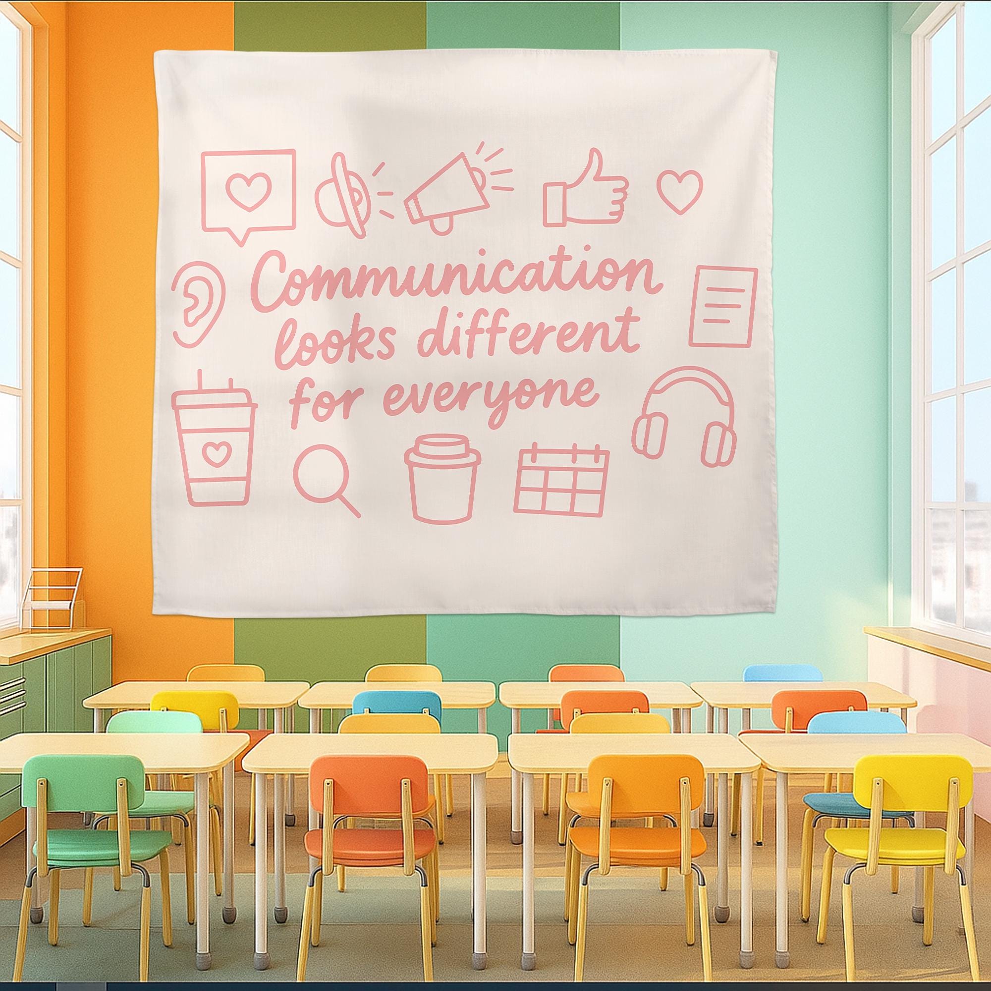 Communication Looks Different for Everyone Wall Flag – Inclusive Classroom Decor, Neurodiversity Awareness Banner, Speech Therapy Sign