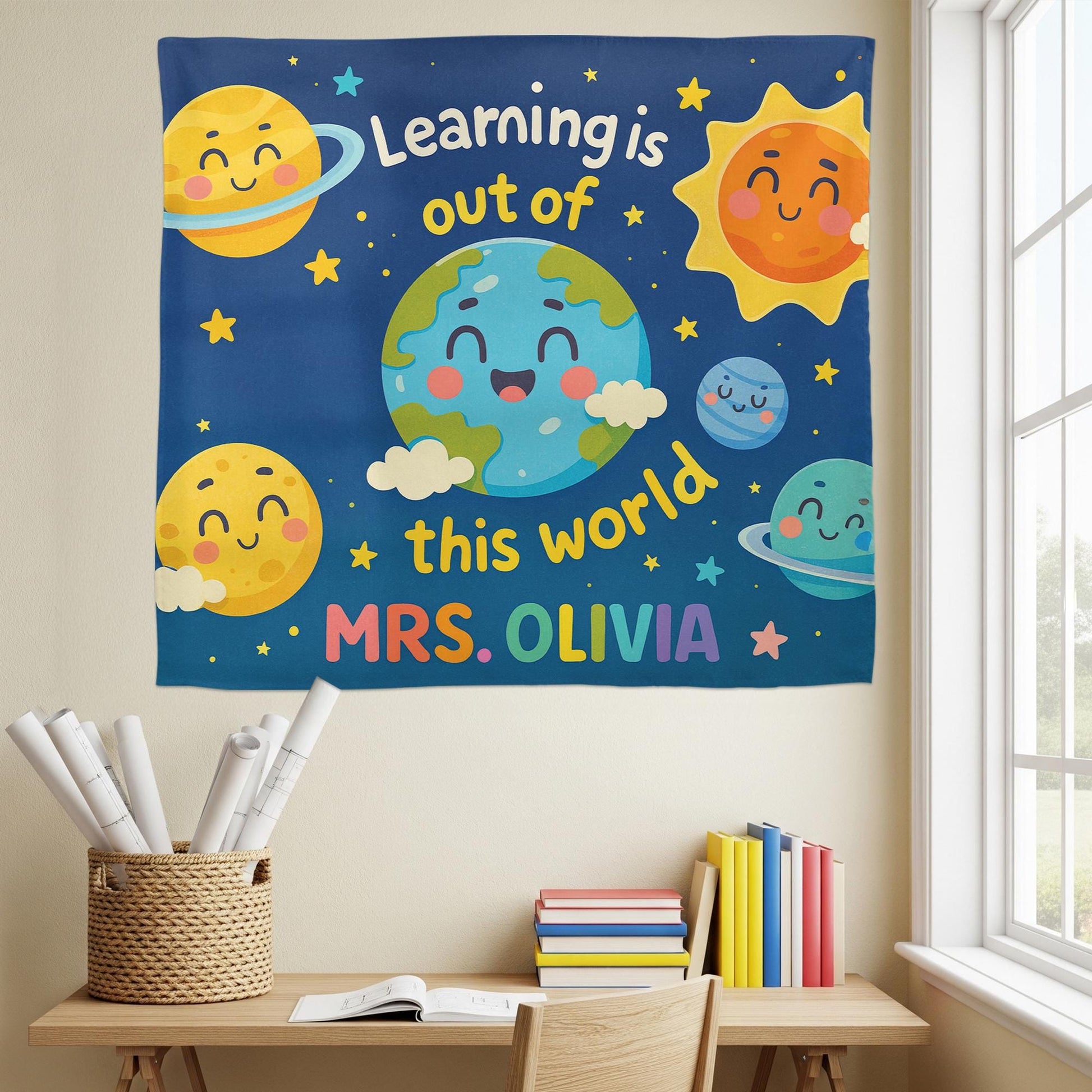 Out of This World Classroom Banner – Personalized Outer Space Teacher Wall Decor, Planet Theme Back to School Sign, Teacher, Educators Gift