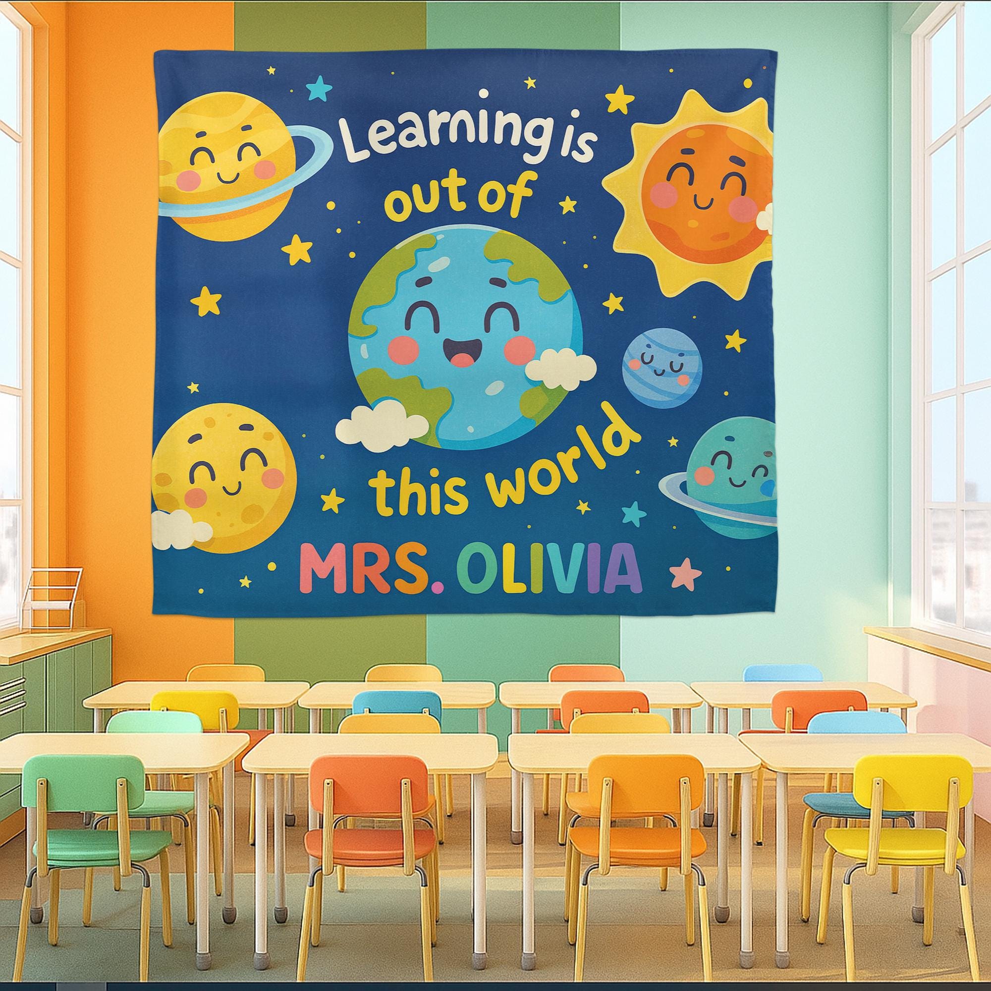 Out of This World Classroom Banner – Personalized Outer Space Teacher Wall Decor, Planet Theme Back to School Sign, Teacher, Educators Gift