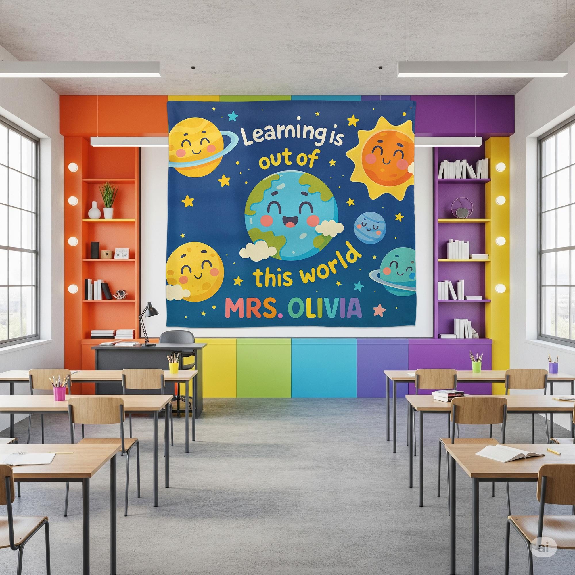 Out of This World Classroom Banner – Personalized Outer Space Teacher Wall Decor, Planet Theme Back to School Sign, Teacher, Educators Gift