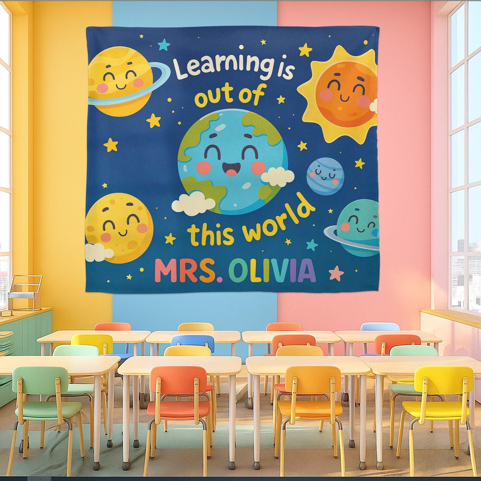 Out of This World Classroom Banner – Personalized Outer Space Teacher Wall Decor, Planet Theme Back to School Sign, Teacher, Educators Gift