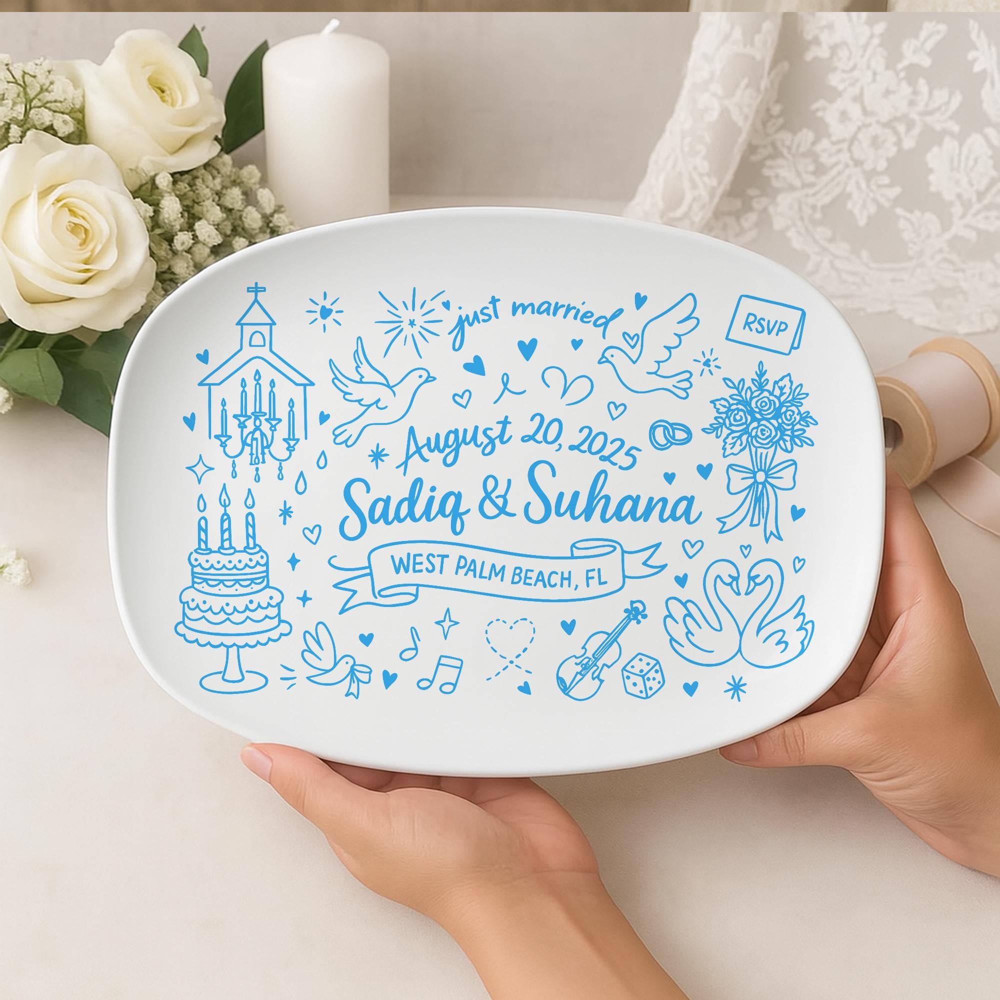 Custom Wedding Platter – Personalized Just Married Gift with Names, Date & Location – Engagement or Anniversary Keepsake Plate, DECOR only