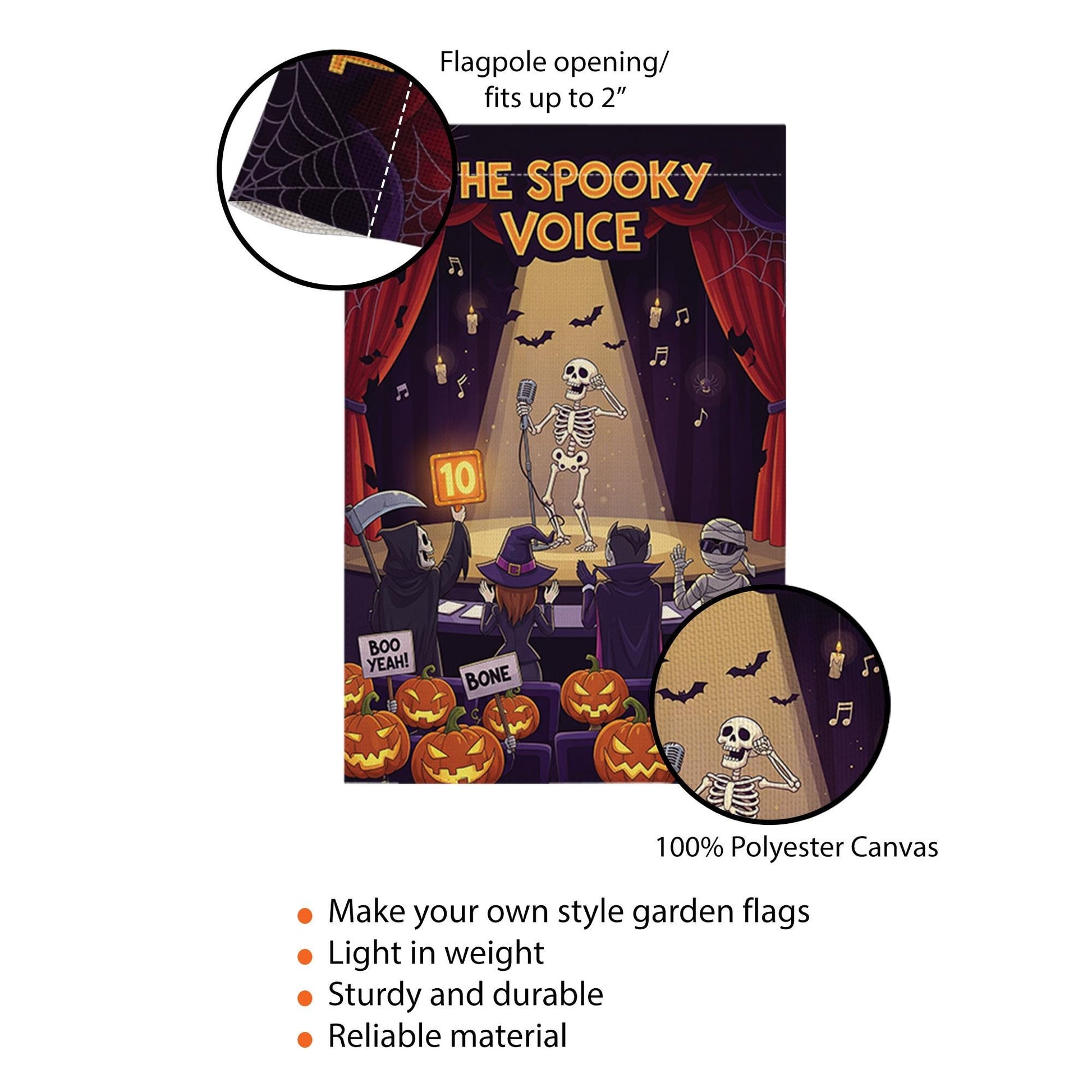 Funny Halloween Garden Flag – The Spooky Voice Singing Skeleton – Yard Decor with Pumpkins & Judges – Fall Outdoor Decoration