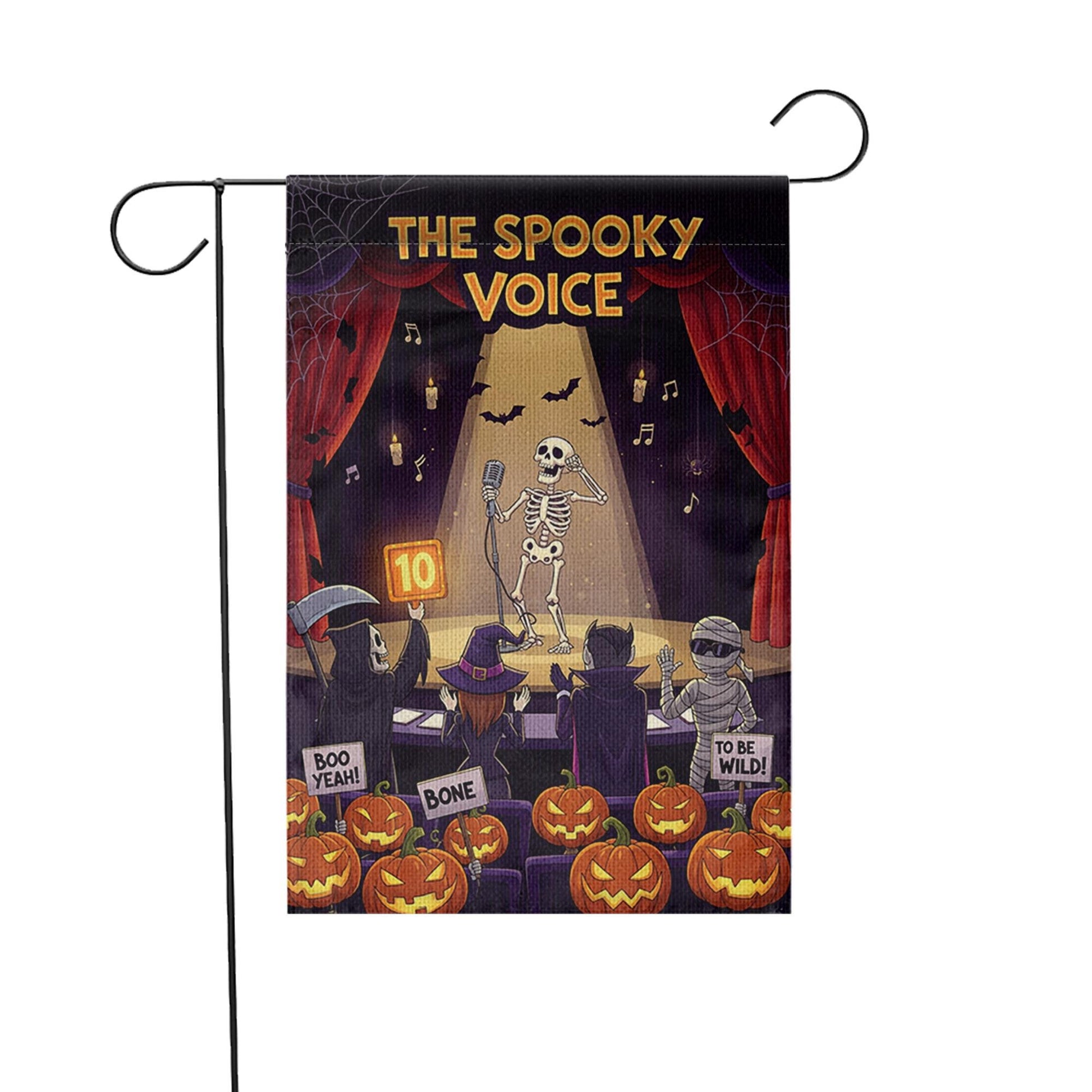 Funny Halloween Garden Flag – The Spooky Voice Singing Skeleton – Yard Decor with Pumpkins & Judges – Fall Outdoor Decoration