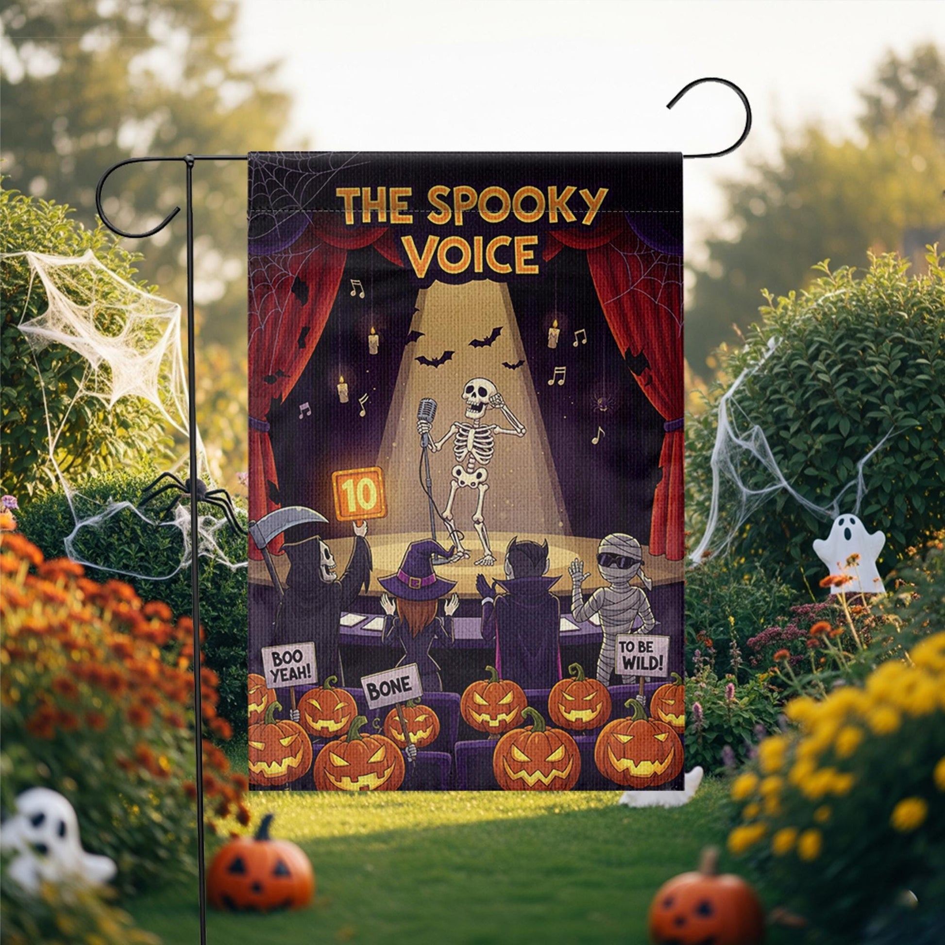 Funny Halloween Garden Flag – The Spooky Voice Singing Skeleton – Yard Decor with Pumpkins & Judges – Fall Outdoor Decoration