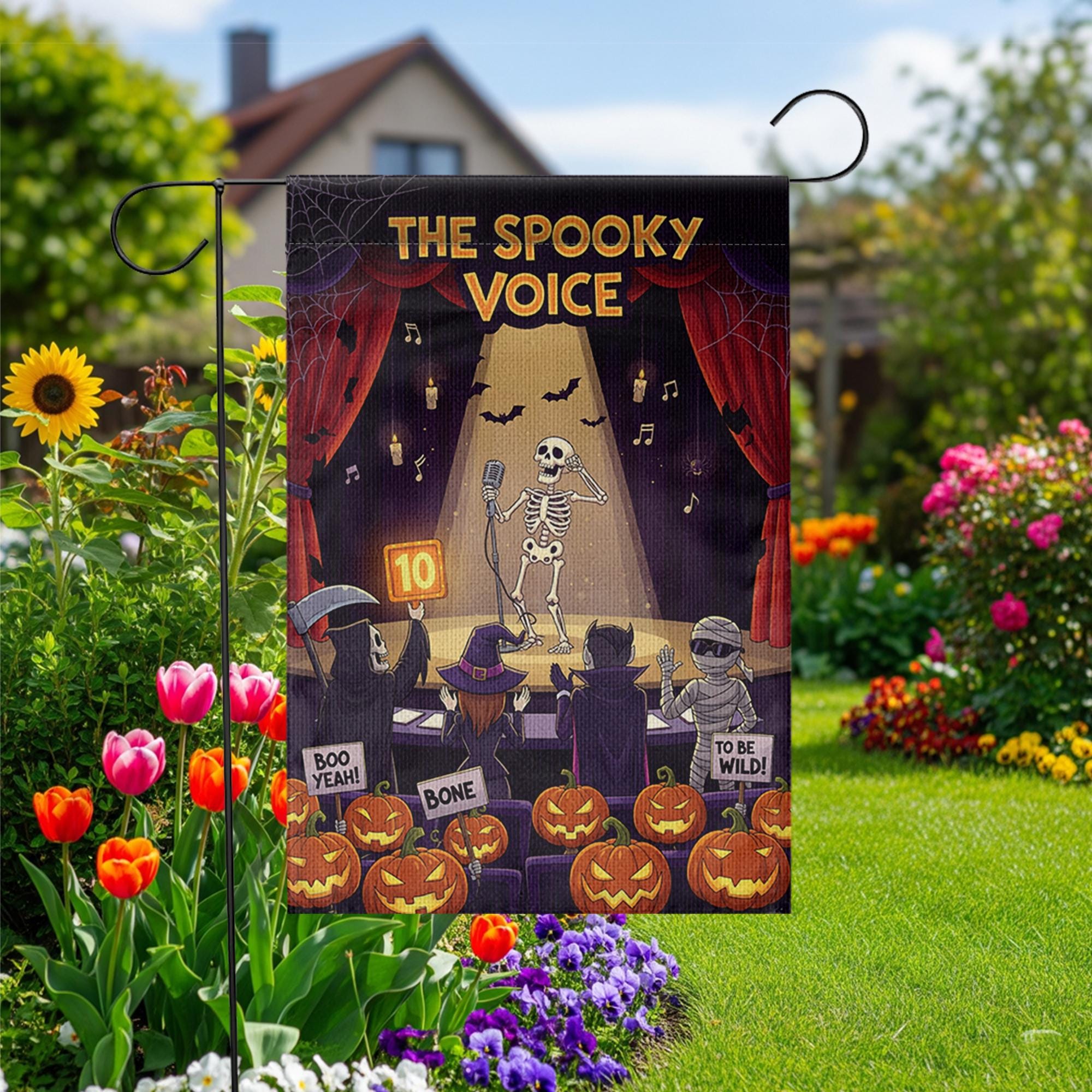 Funny Halloween Garden Flag – The Spooky Voice Singing Skeleton – Yard Decor with Pumpkins & Judges – Fall Outdoor Decoration