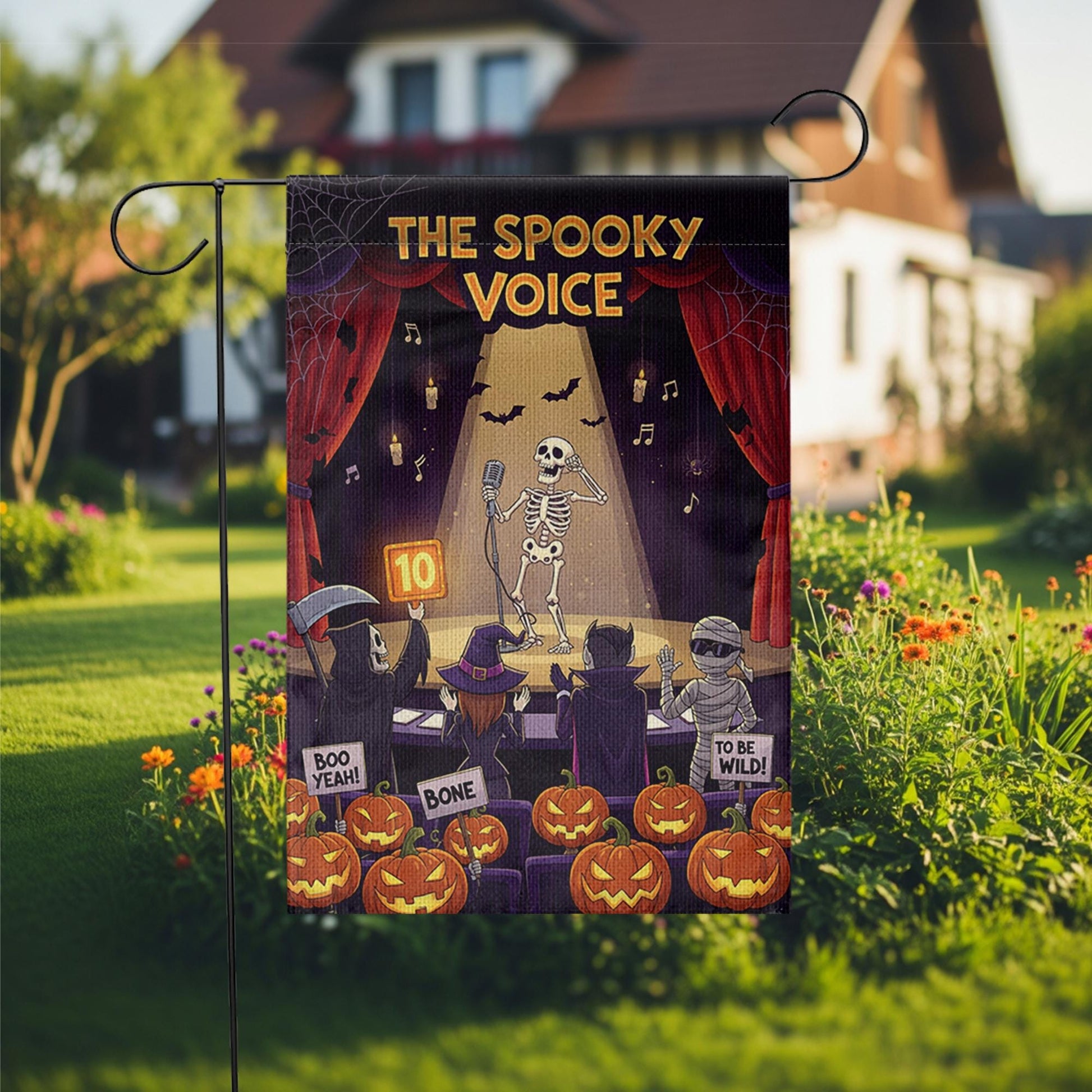 Funny Halloween Garden Flag – The Spooky Voice Singing Skeleton – Yard Decor with Pumpkins & Judges – Fall Outdoor Decoration