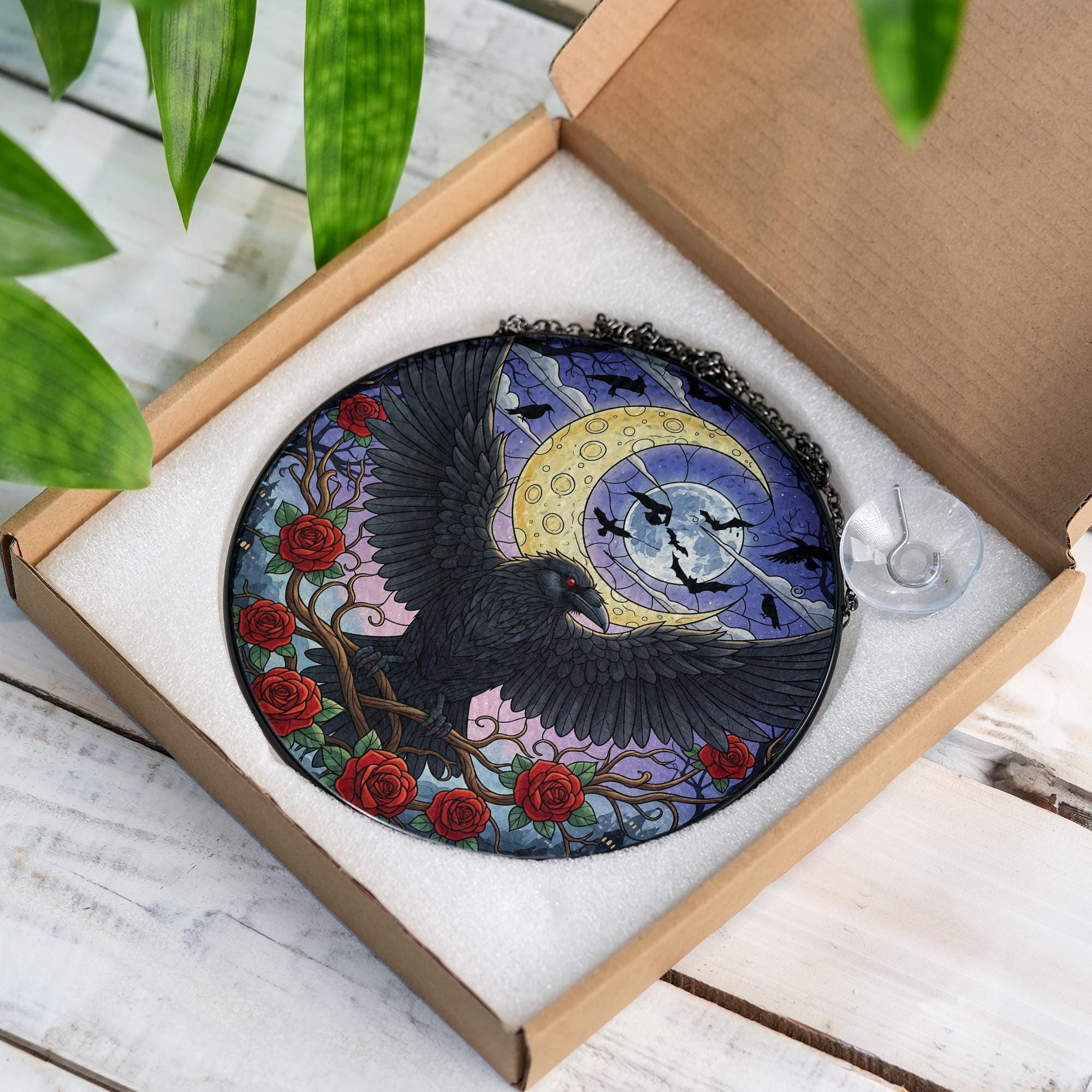 Gothic Raven Sun Catcher – Stained Glass Moon & Bats Window Hanging – Dark Crow with Red Roses – Witchy Window Decor
