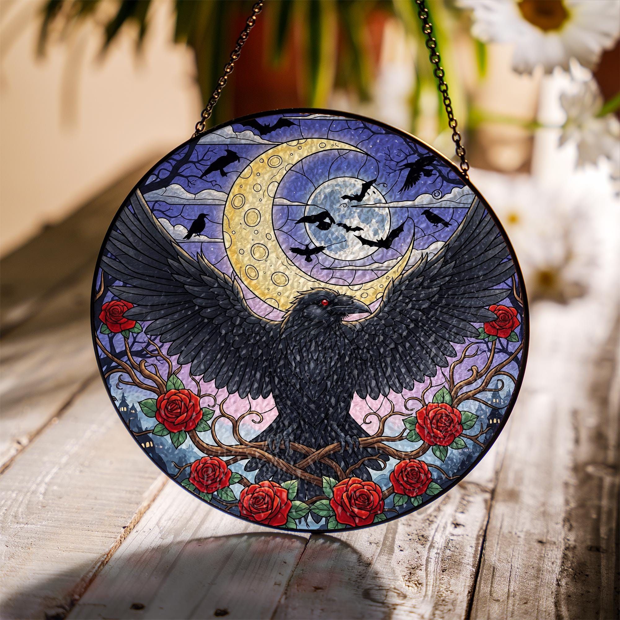 Gothic Raven Sun Catcher – Stained Glass Moon & Bats Window Hanging – Dark Crow with Red Roses – Witchy Window Decor