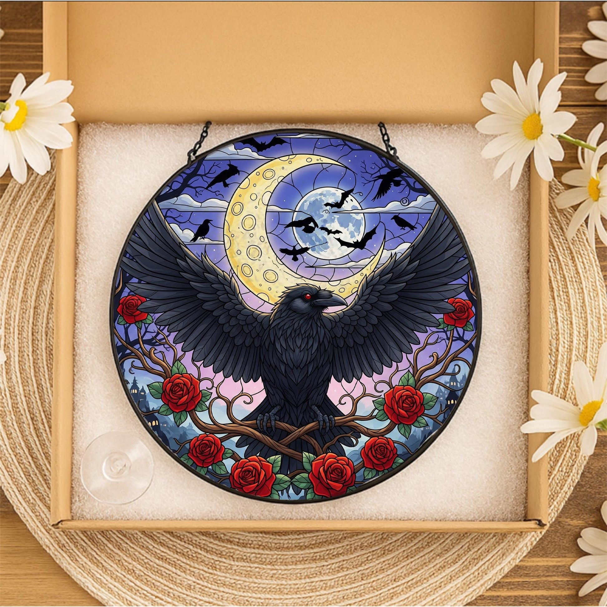Gothic Raven Sun Catcher – Stained Glass Moon & Bats Window Hanging – Dark Crow with Red Roses – Witchy Window Decor