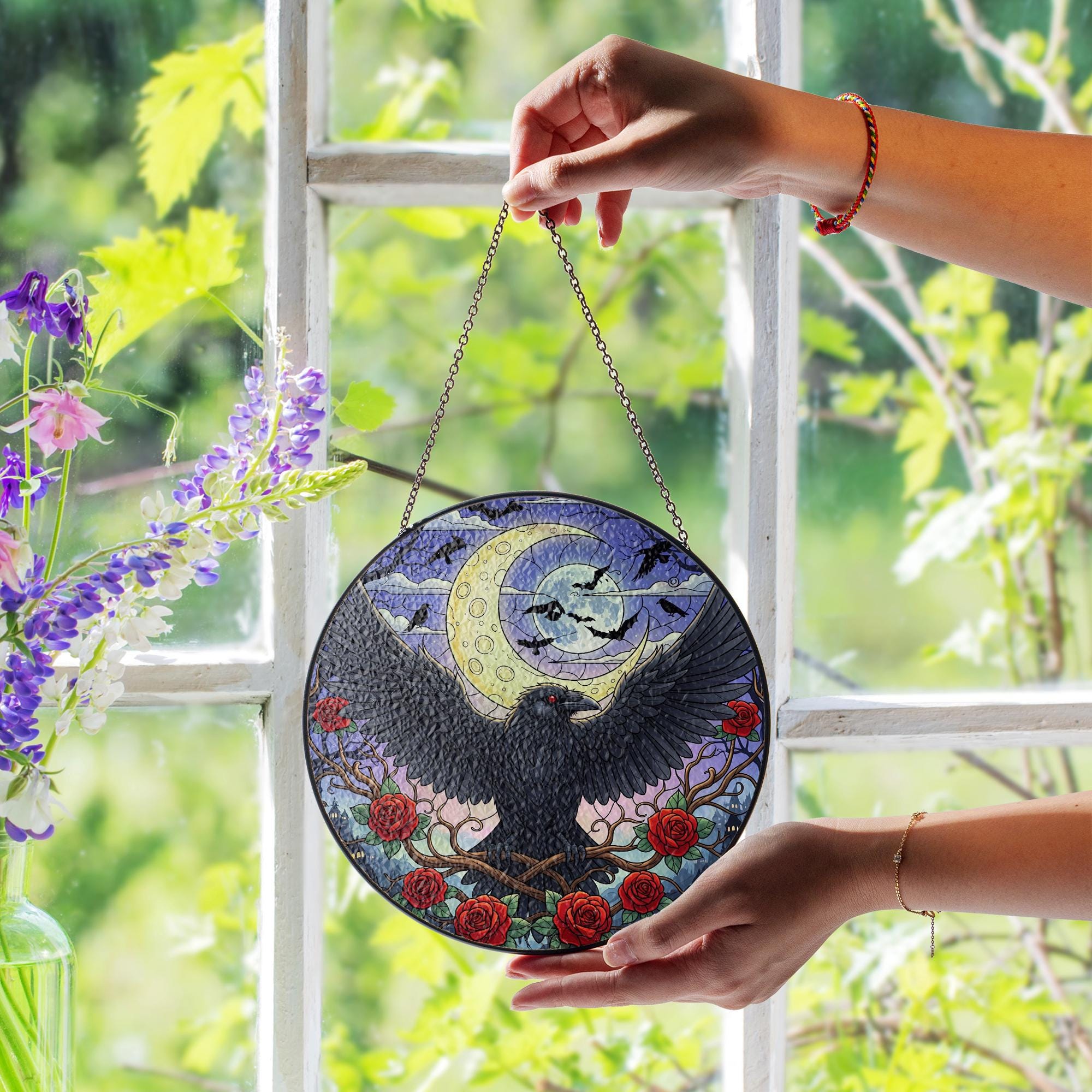 Gothic Raven Sun Catcher – Stained Glass Moon & Bats Window Hanging – Dark Crow with Red Roses – Witchy Window Decor